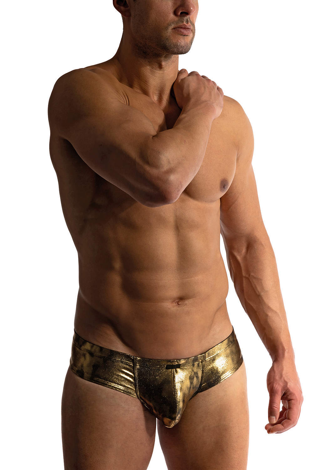 Manstore M2420 Cheeky Brief men’s underwear hipsters is shiny antique metallic finish. Shop slinky male undies high cut all round thighs. Buy online