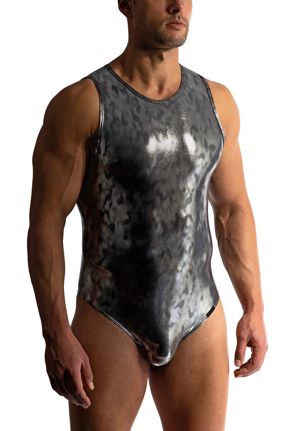 Manstore M2420 String Body men’s underwear thong one piece. Smooth shiny metallic male tank top and high leg bottom with popper fastening. Shop online