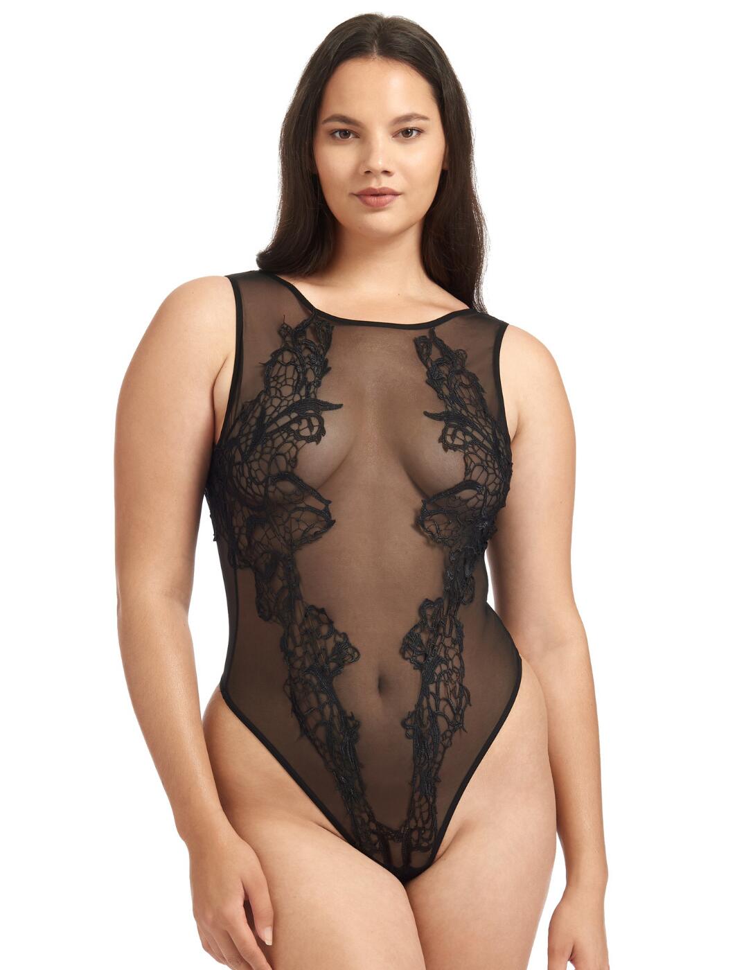 This soft body is a part of the Etienne range by Bluebella which is a super chic piece. If you're looking to show off your silhouette in the bedroom or create an elegant evening look paired with jeans, this body is the one for you. The body is covered in all-over sheer mesh with romantic guipure lace down each side providing some coverage to the bust. It has a high-neck design at the front and a tempting low-back. The body has non-adjustable straps and has an easy pull-on style as well as a thong rear which creates a minimal rear coverage look.  Soft body All-over sheer mesh with guipure lace High-neck front Low-back Thong rear Non-adjustable straps Pull-on style Country of origin: China Composition: 90% Polyamide &pipe; 10% Elastane &pipe; Excluding trims Composition: Gusset: 100% Cotton Listed in UK sizes  35110-BK-8 35110  Body