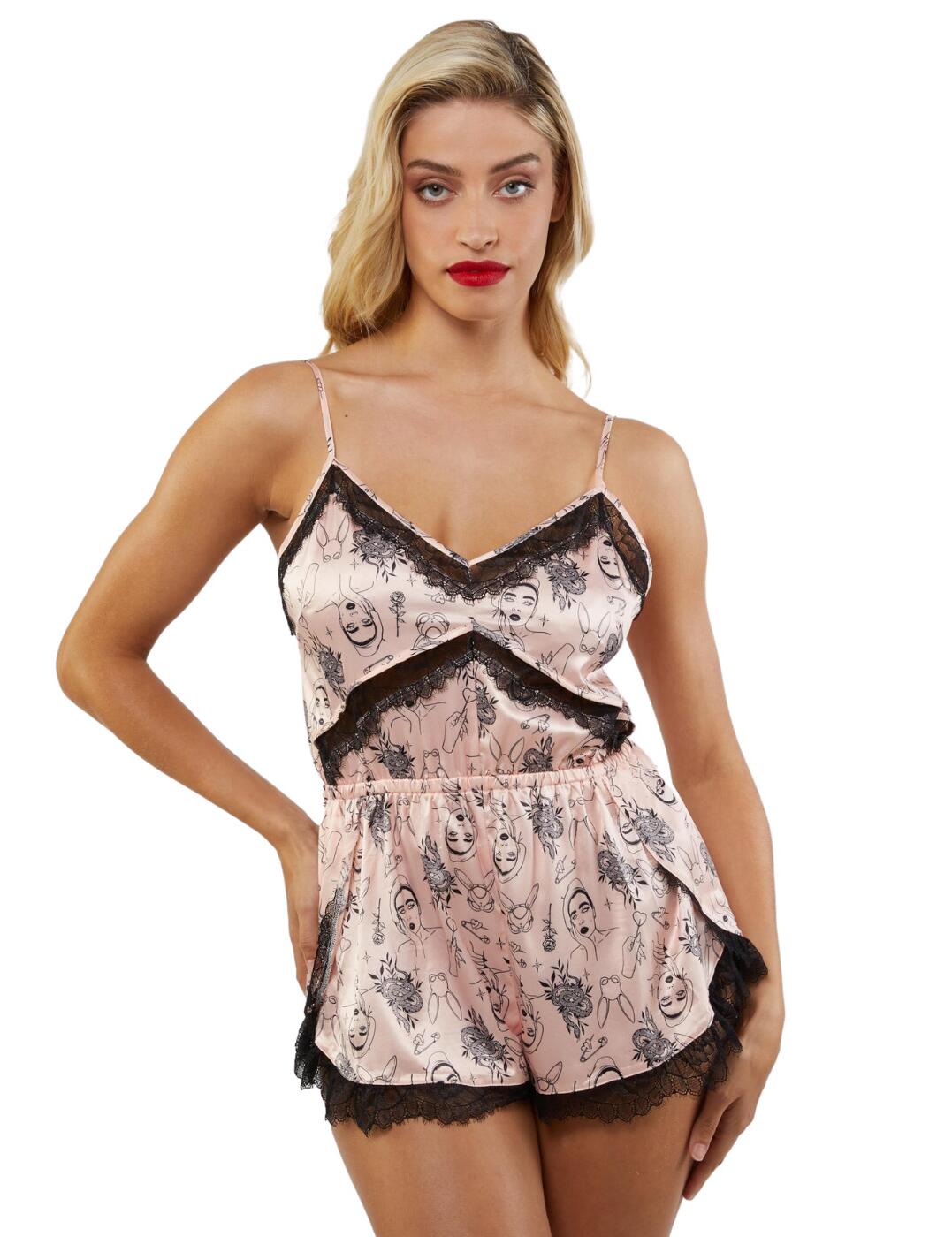 Inspired by the iconic Pinup Queen, the Bettie Page collection offers seductive lingerie with a flirty retro look. This sexy playsuit combines beautiful eyelash lace trim with a sultry satin fabric which is illustrated with unique tattoo-style snakes, florals and pretty silhouettes. The timeless design cinches the waist to emphasise your beautiful curves. A plunging neckline highlights your alluring cleavage and the short design offers cheeky rear coverage. A key-hole feature with a button fastening adds a luxurious feature and the adjustable shoulder straps ensure the perfect fit.  Tattoo-inspired print Luxurious satin fabric Delicate eyelash lace trim Elasticated waist Key-hole feature Plunging neckline Button fastening Adjustable shoulder straps Cheeky rear coverage Country of origin: China Composition: Main 1: 96% Polyester &pipe; 4% Elastane Composition: Main 2: 91% Polyamide &pipe; 9% Elastane Listed in UK sizes  58858-103387-1359090  BP131TP Chemise