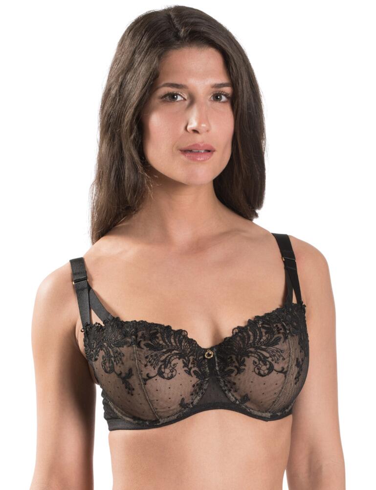 Add a touch of Parisian chic to your lingerie drawer! The Femme Passion collection by Aubade showcases visually striking embroideries upon Swiss tulle. The comfort half-cup bra is designed for fuller busts, allowing for a push-up effect without padding. Supportive underwires offer uplift with a secure fit. Decorated with a Swarowski crystal at the centre cup for a finishing touch. The shoulder straps are fully adjustable for an individual fit and this fabulous bra fastens with a hook and eye closure. Pair with the matching coordinates for a seductive look.  Elegant and chic design Ornamental embroidery Half-cups Underwired, non-padded cups Adjustable straps Hook and eye closure Composition: 100% Polyester Listed in UK sizes  47476-86573-1183643 MI14-0 /14-02 Half Cup Bra