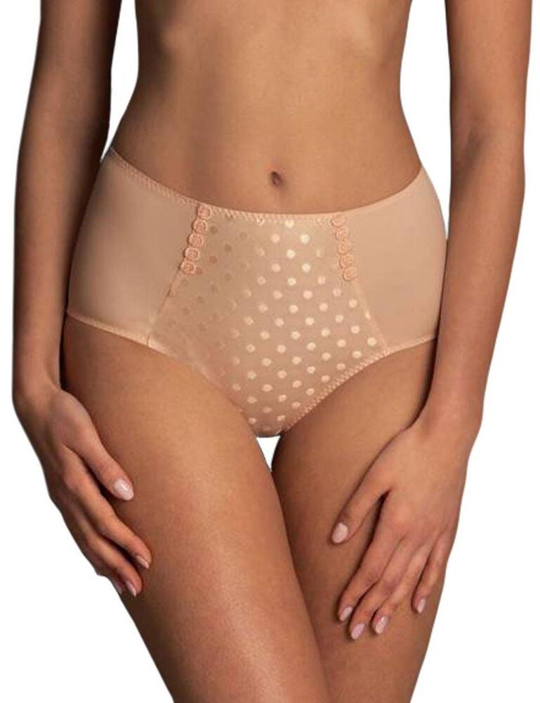 Feel comfortable, stylish and in your best shape with this gorgeous high waist brief from the Airita range by Anita. Stylish polka dots adorn the front panel for a very feminine, playful look. The power tulle lining offers excellent support. The popular high waist style is very flattering, offering great tummy control and tucking in at the waist. This brief offers good rear coverage. Pair with matching items from the Airita range to complete the look.