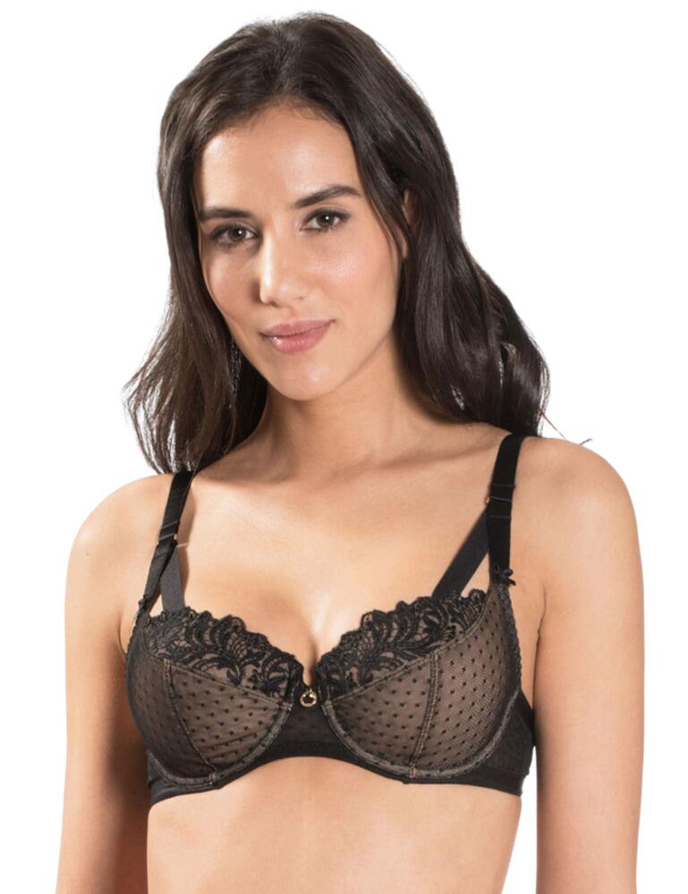 Showcase your femininity wearing the Femme Passion collection by Aubade. This visually striking lingerie features ornamental embroidery upon Swiss tulle, bringing a new twist to conventional glamour. The beloved balcony shape offers the perfect mixture of shapely cleavage along with a comfortable fit and coverage. Underwires provide support and shape. A decorative Swarowski crystal at the centre adds finishing touches. Find the perfect fit with adjustable shoulder straps and be sure to pair with the matching coordinates!  Elegant and feminine design Ornamental lace Swiss tulle Underwired, non-padded cups Adjustable straps Hook and eye closure Composition: 100% Polyester Listed in UK sizes  47479-86576-1183650 MI15 Noir Balcony Bra