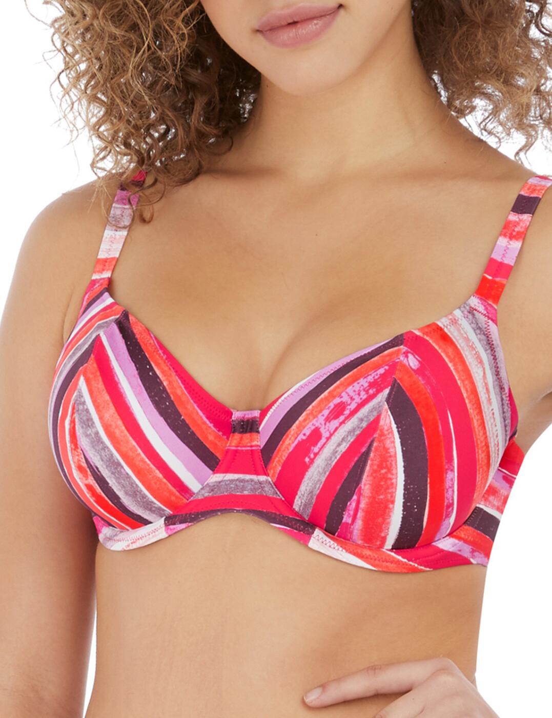 A figure flattering style that's a must-have to your swimwear collection. This plunge bikini top comes from the Bali Bay collection by Freya. Underwiring within the cups helps provide a sturdy fit that amplifies your bust. Lining in the cups allows them to stay lightweight, especially when wet, but also helps promote a rounder cleavage. This is delectably framed by the plunging neckline. A lowered centre underband helps create more rigidity to the piece. Whilst the elasticated underband stops at the underwiring on the cups to prevent rolling. Fixed, fully adjustable straps help you find the fit that is perfect for you. A classic plastic snap back clasp fastening is used for easy dressing.  Plunge Underwired Lined cups No padding Rounded shape Lowered centre elasticated underband Underband stops at underwiring on cups to prevent rolling Fixed, fully adjustable straps Plastic snap back clasp fastening Country of origin: Tunisia Composition: 82% Polyamide &pipe; 18% Elastane Listed in UK sizes  58882-103417-1351765 6780 Plunge Bikini Top