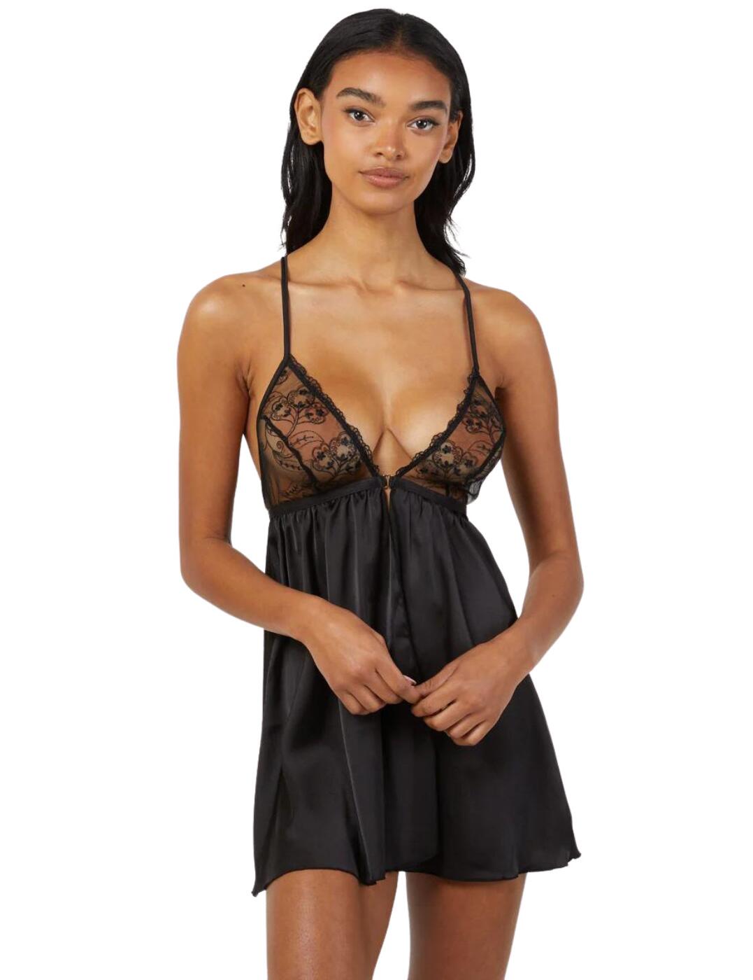 Update your night attire with this babydoll and thong set from the Elise range by Wolf & Whistle. This feminine babydoll features mesh non-padded triangle-shaped cups with delicate embroidery detail and a wireless finish for true comfort. It has a satin underband which sits a clasp and allows for fuss-free wear with adjustable racerback straps and a pull-on design. The bottom sits high-thigh and is crafted from soft satin. The thong has a mesh front with embroidery detailing on a strappy style sitting low-rise and providing minimal rear coverage.  Babydoll and thong set Mesh non-padded cups with embroidery detailing Wireless finish Satin underband with clasp closure in the centre Adjustable racerback straps Pull-on design Sits high-thigh Mesh front thong with embroidery Elasticated low-rise waistband and minimal rear coverage Country of origin: China Composition: Babydoll: Main: Polyamide &pipe; Polyester &pipe; Elastane Composition: Thong: Main: Polyamide &pipe; Polyester &pipe; Viscose &pipe; Elastane Listed in UK sizes  58908-103464-1359248 WWL1000 Babydoll & Thong Set