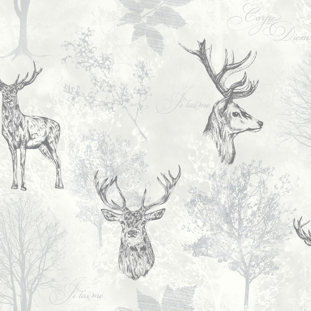 Arthouse Etched Stag Wallpaper in Light Grey
