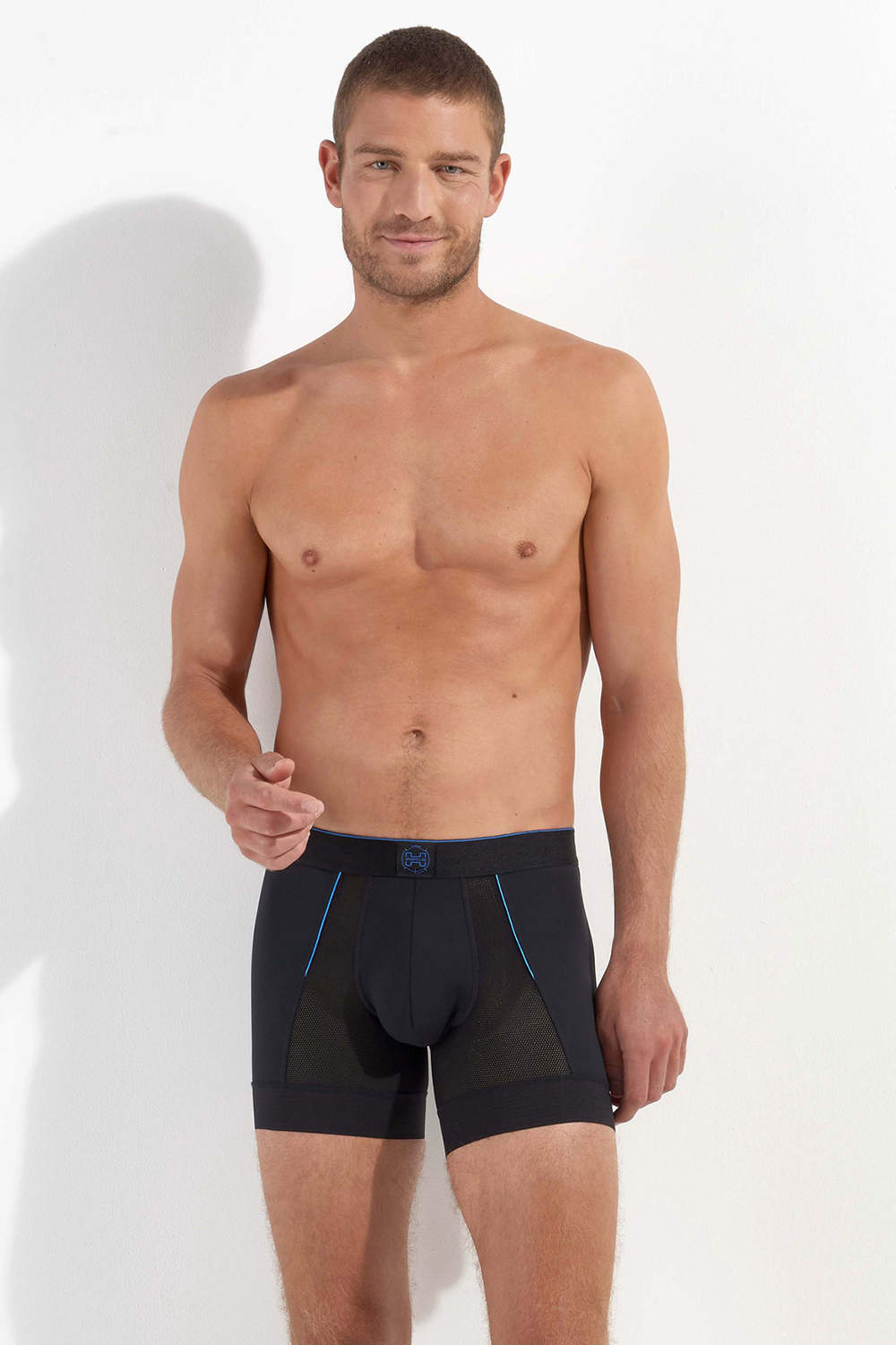 HOM Sports Lab Boxer Brief men’s underwear trunk – cool and antibacterial. Shop athletic male shorts. Lined pouch and longer leg with stay put bands