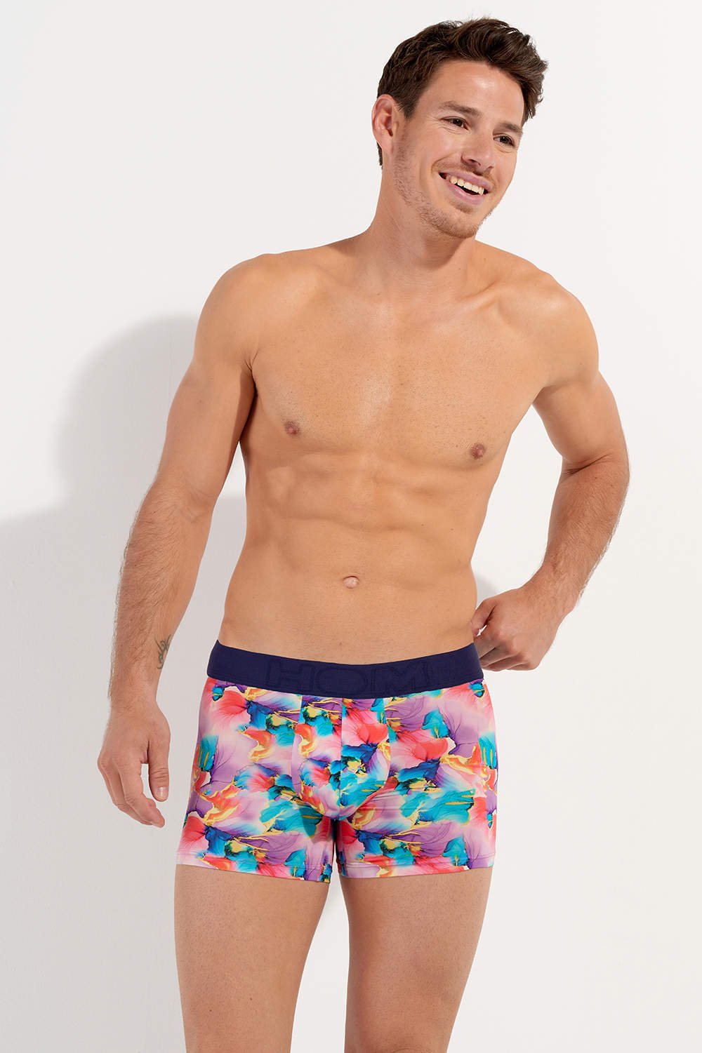 HOM Aqua Flowers Boxer Brief men’s underwear trunk – the finest lightest male short in multicolour floral watercolour. Shop luxury male maxis online
