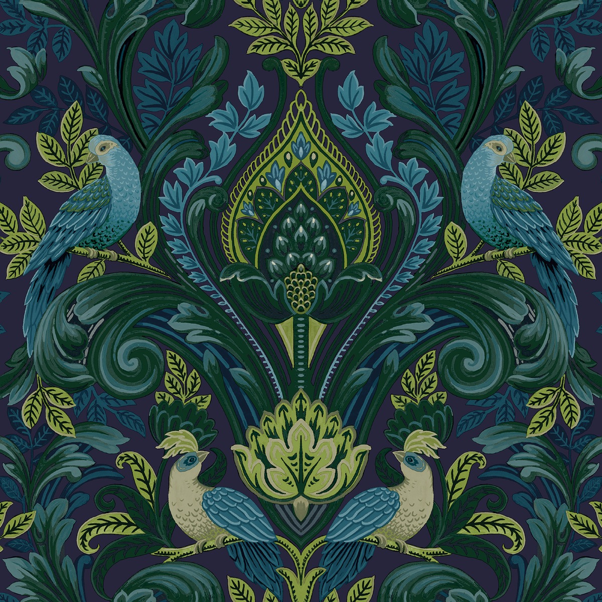 Grandeco Peacock And Leaf Scrolls Opulent Damask Textured Wallpaper, Green Blue, Blue
