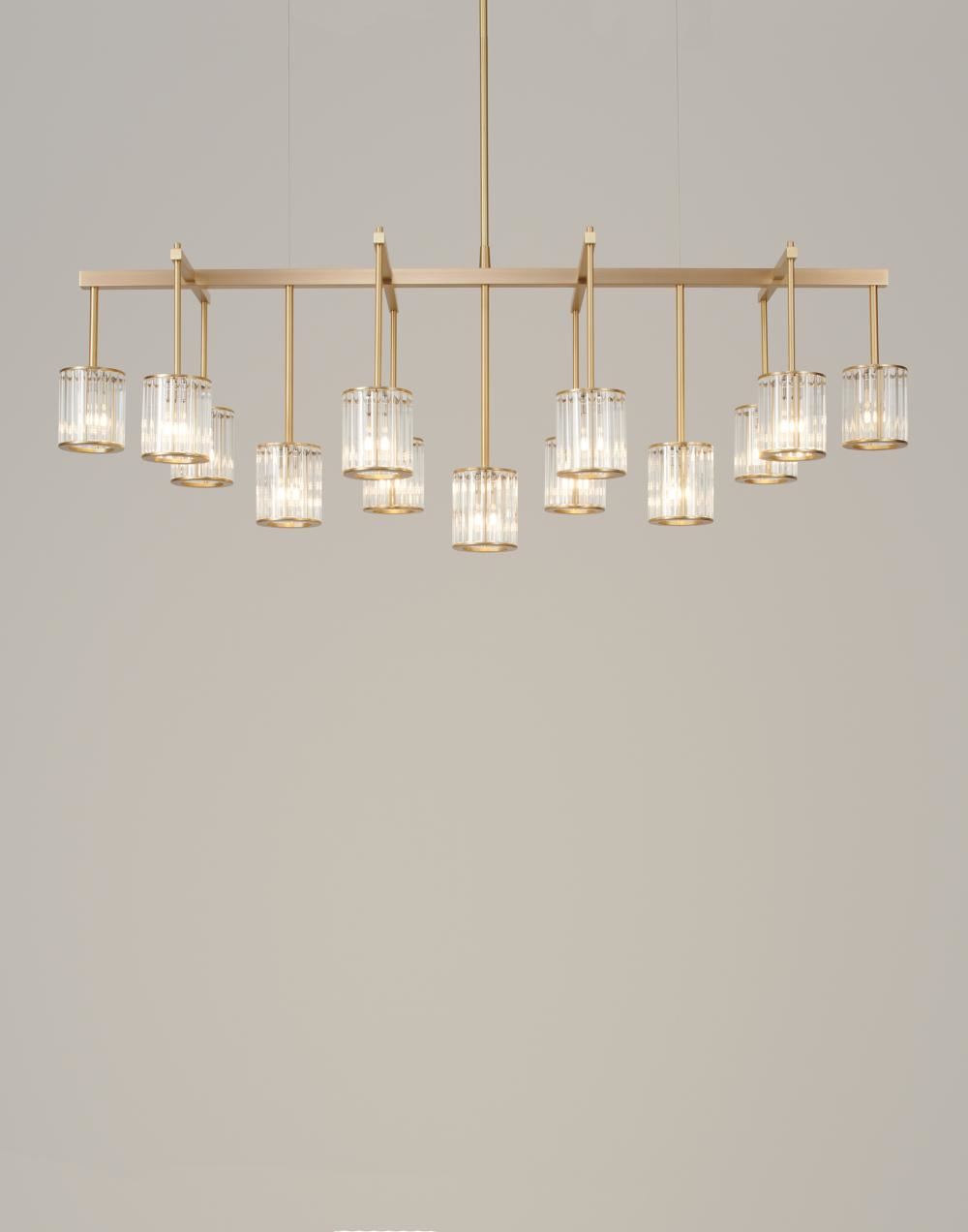 Flute Beam Chandelier Brushed Brass 13 Arm Clear Glass