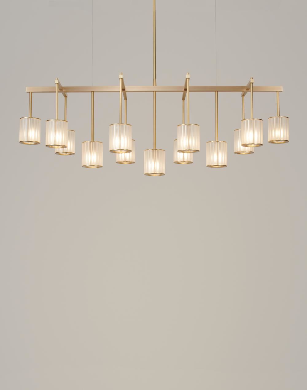 Flute Beam Chandelier Brushed Brass 13 Arm Frosted Glass
