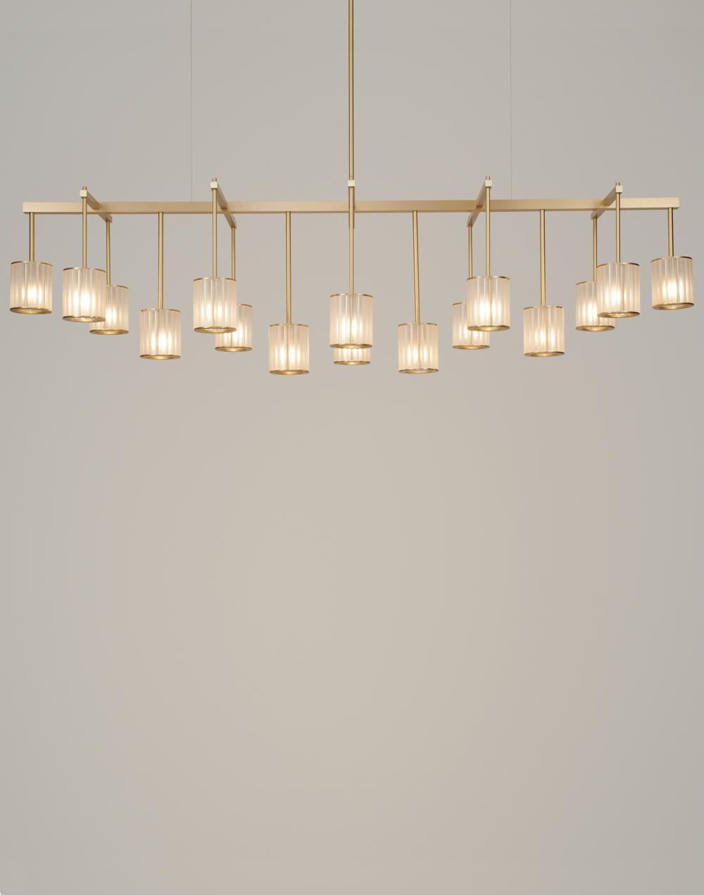 Flute Beam Chandelier Brushed Brass 16 Arm Frosted Glass