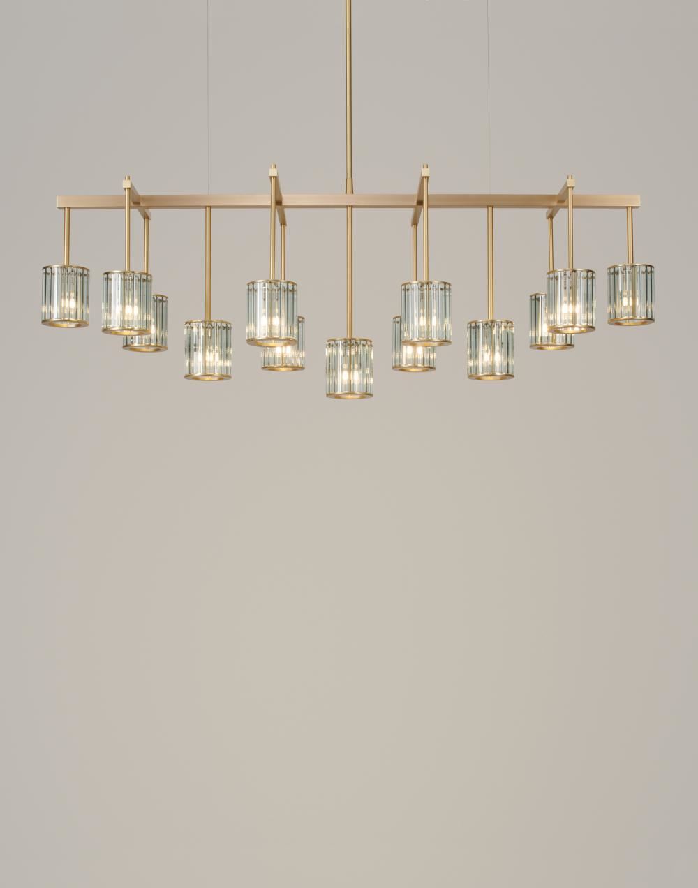 Flute Beam Chandelier Brushed Brass 13 Arm Smoke Glass