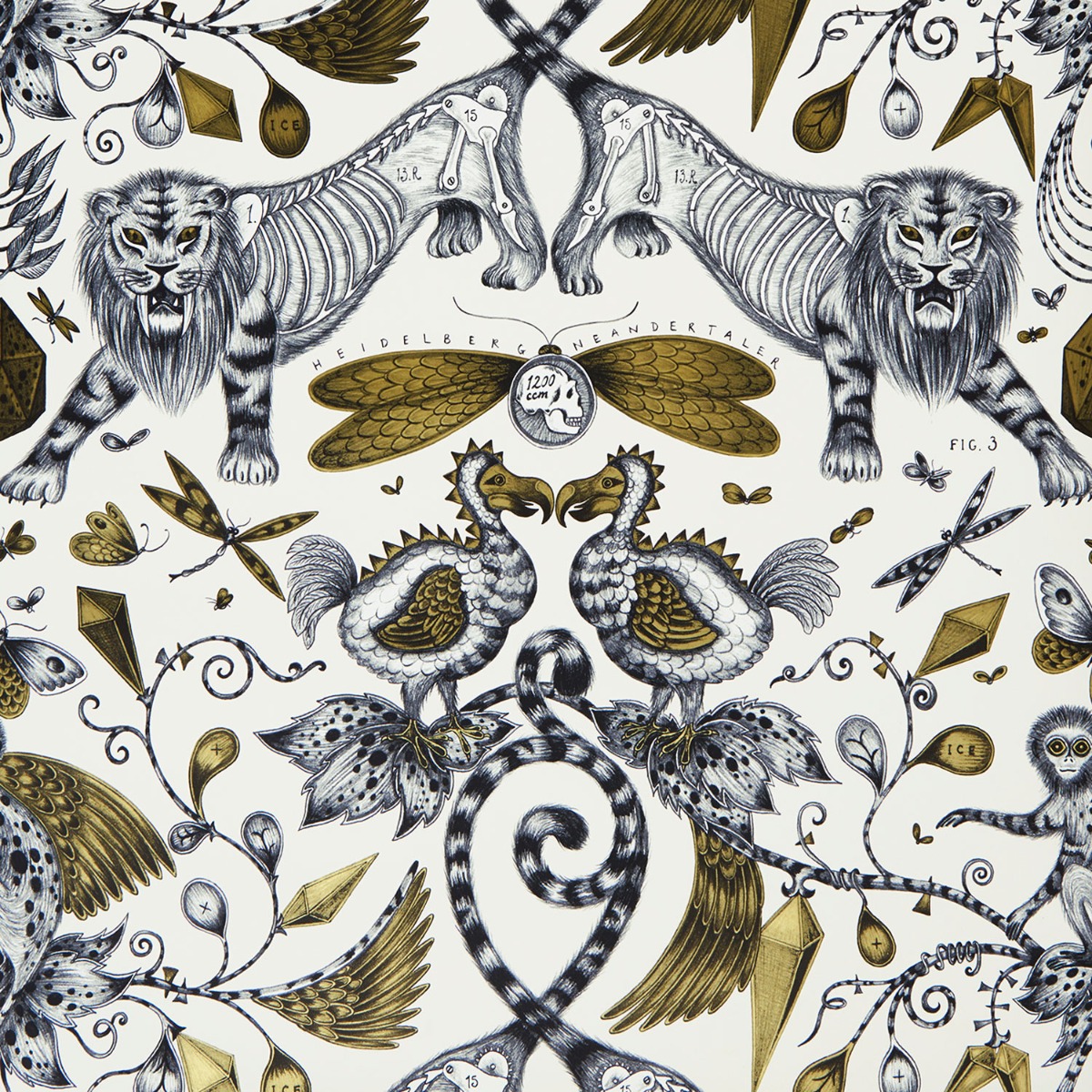 Emma J Shipley Animalia Extinct Wallpaper Gold W0100/02 By Clarke & Clarke