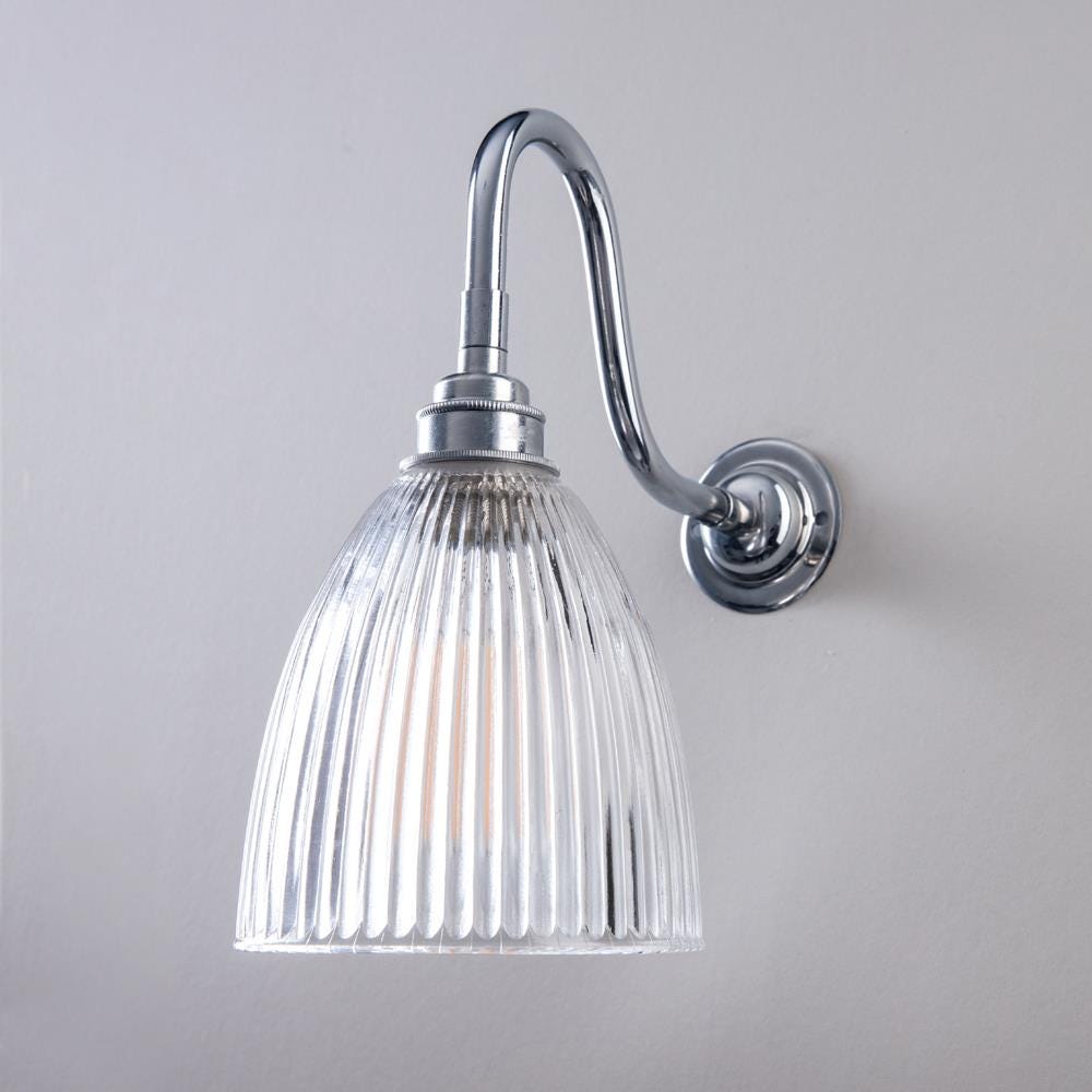 Old School Electric Elongated Prismatic Bathroom Wall Light Swan Arm Chrome Clear