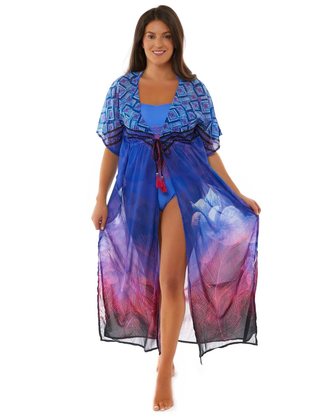 This stylish kaftan from the Eleanor Florence range by Seaspray is a luxury addition to every woman's swimwear collection. The adjustable design allows you to wear it in a comfortable open style or has an adjustable tie waist creating a relaxed feminine silhouette. The short sleeves and maxi length offer moderate coverage and the light chiffon fabric creates a cool and airy feel.