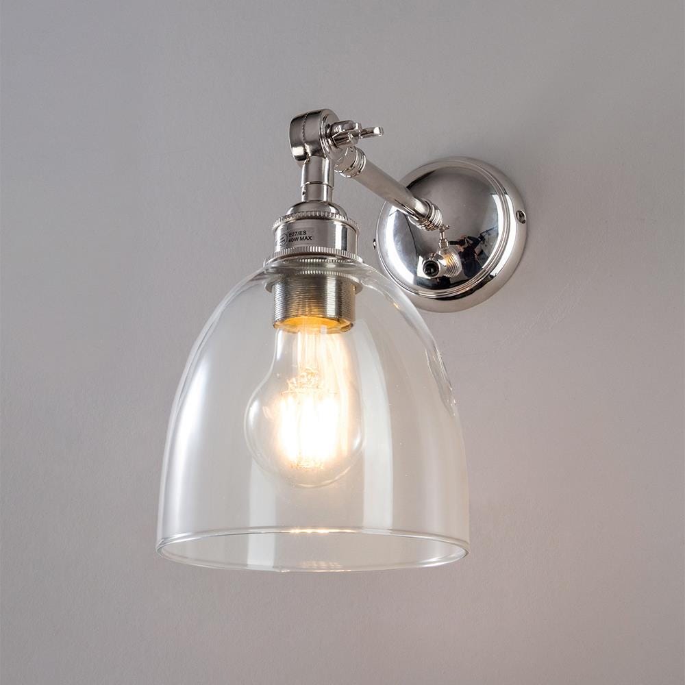 Old School Electric Glass Adjustable Arm Wall Light Bell Shade Polished Nickel Switched Clear