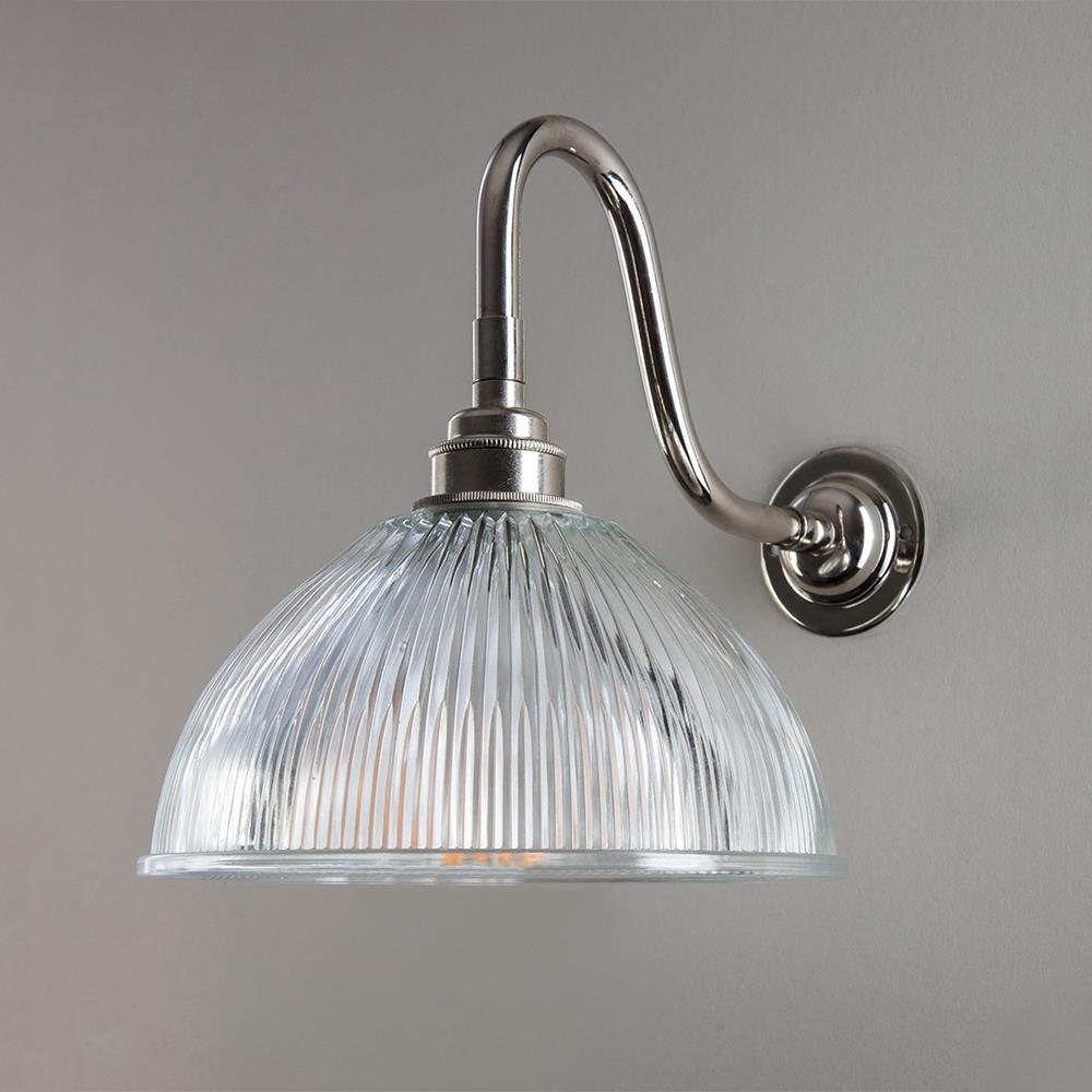 Old School Electric Prismatic Dome Bathroom Swan Arm Wall Light Polished Nickel Clear