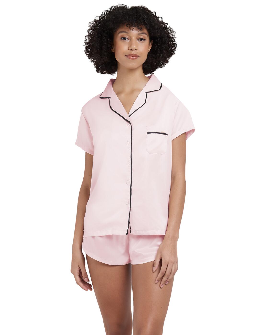 Look incredibly cute for bed in this shirt and short set from the Abigail range by Bluebella. This set brings a classic look with an all-over soft satin fabric with contrasting coloured piping. The shirt top has a full-button up front, short sleeves with a collar and a little pocket. It has satin shorts to match with a large bow in the middle.  Shirt and shorts set Satin fabric Full button-up, collar, short sleeves and pocket Large bow in the middle of the shorts Country of origin: China Composition: 97% Polyester &pipe; 3% Elastane &pipe; Excluding trims  Listed in UK sizes  31597-PK-10 31597  Pyjama Set