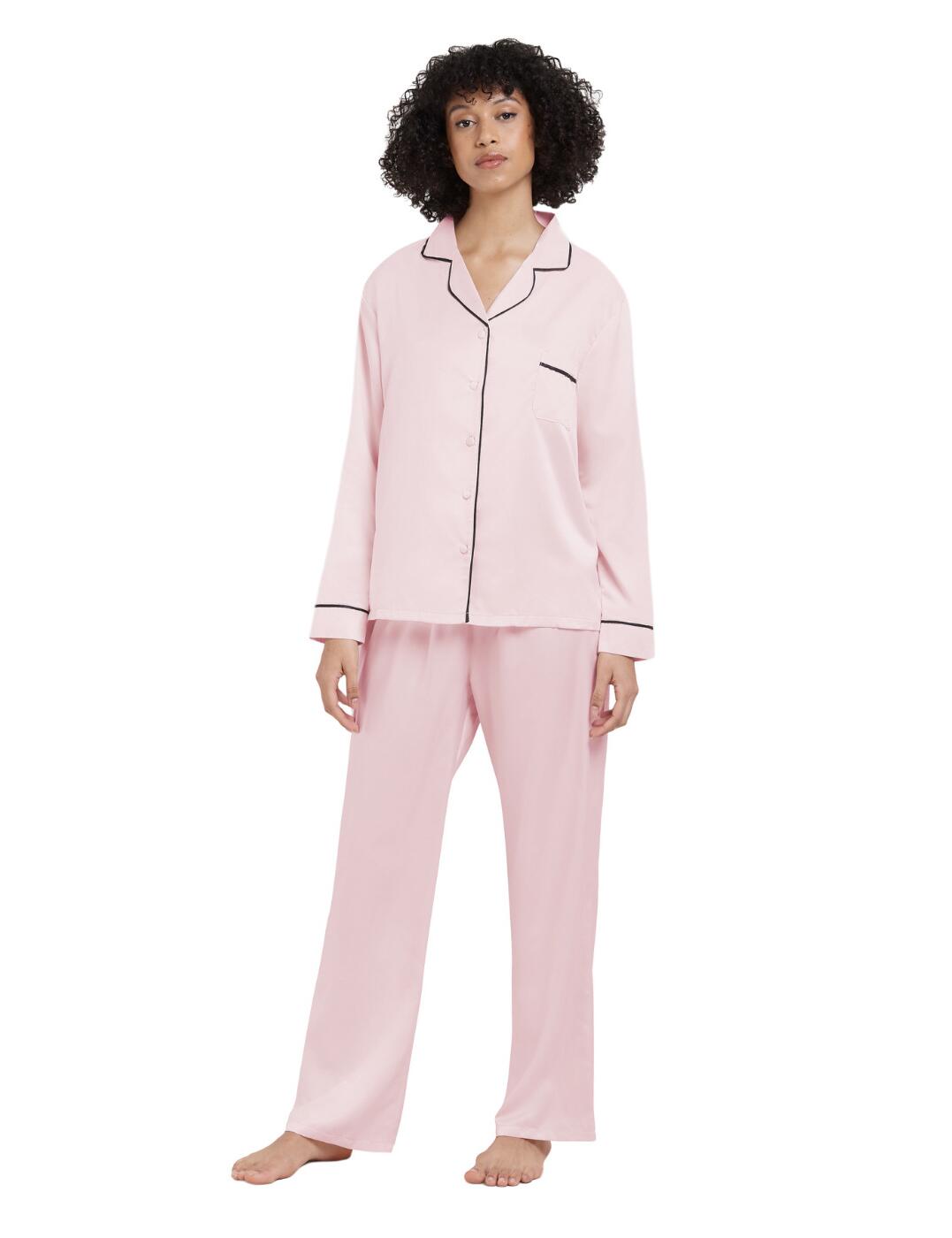 The Claudia range by Bluebella brings this classic but modern pyjama set which is sure to provide a great night's sleep. This set includes a pyjama shirt and a pair of trousers, both are made out of silky soft satin which is sure to create a comfortable fit. The shirt features the much-loved style with the button-up front, collar, long sleeves and a little pocket. It comes with full-length wide-leg trousers with an elasticated waistband that has a large bow in the centre which matches the piping throughout.  Pyjama set Long sleeved shirt Button-up front Wide leg trousers Elasticated waistband Large bow in the centre Country of origin: China Composition: 97% Polyester &pipe; 3% Elastane &pipe; Excluding trims Listed in UK sizes  31598-PK-10 31598 Pyjama Set