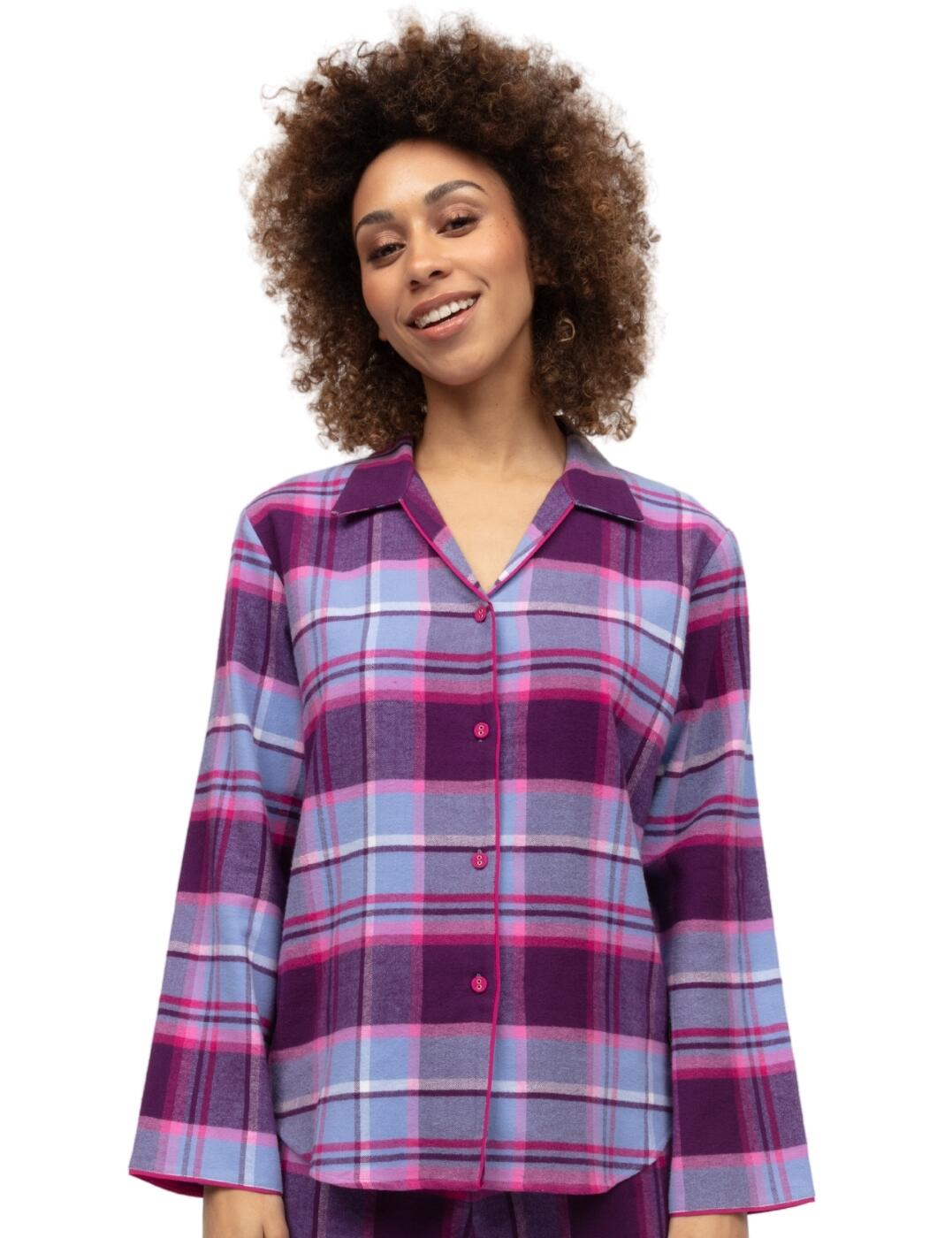 Elevate your night-time apparel with this luxuriously soft and relaxing pyjama top from the Hazel collection by Cyberjammies! The classic, check pattern design complete with revere collar and button-down front crafts a timeless and stylish aesthetic not to be missed! In terms of comfort, the brushed cotton material promises a sumptuously cosy fit that feels wonderful against your skin. This combined with the loose-fit and long sleeves ensures you can slip into a soft and relaxing feeling upon every wear! To complete this beautiful look, pair with matching items from the unmissable Hazel range!