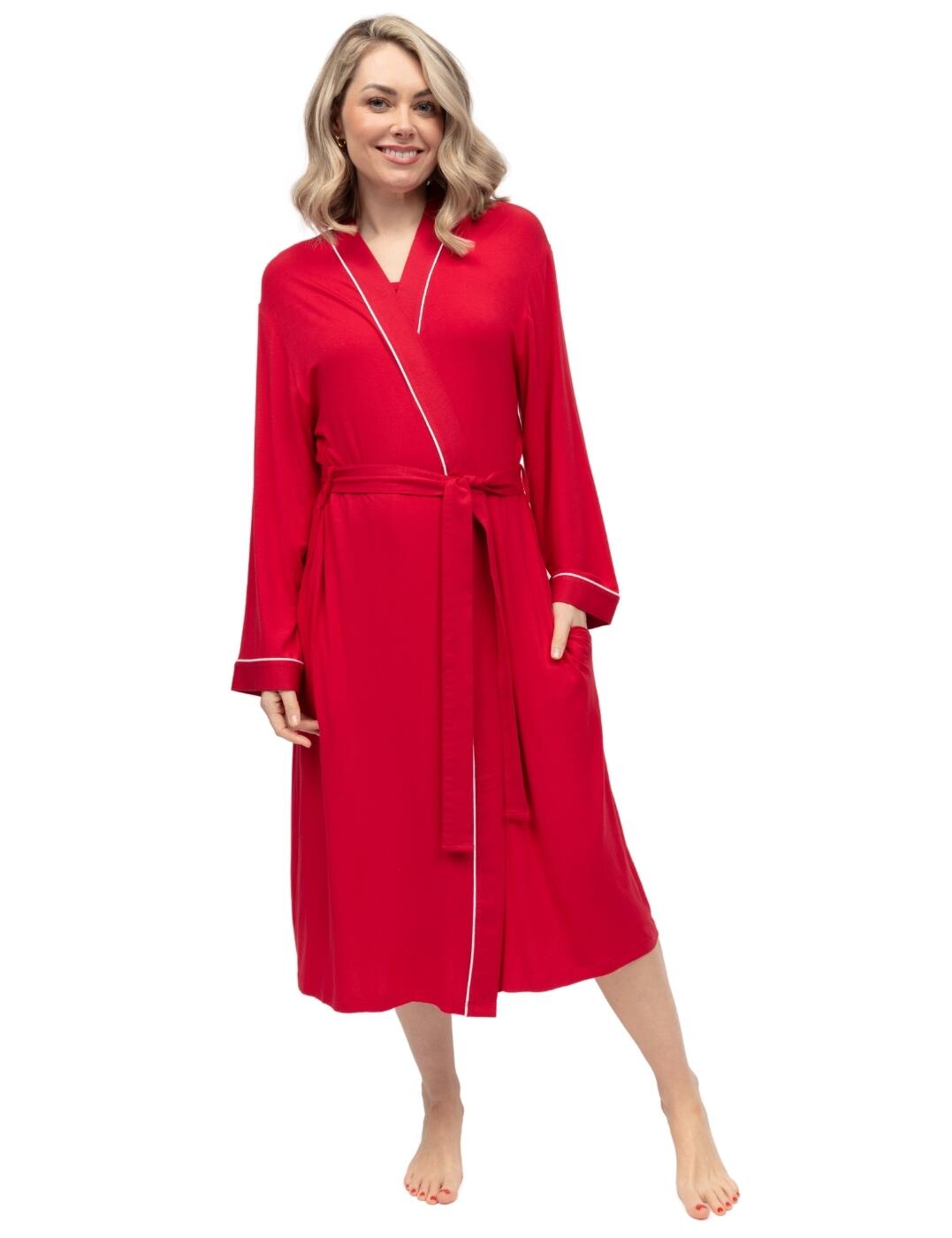 Bring exquisitely cosy comfort to your night-time routine with this gorgeous long dressing gown from the Montana collection by Cyberjammies! The ideal choice for lazy evenings and mornings relaxing at home, the soft and cosy lightweight jersey fabric effortlessly envelops you thanks to the stylish kimono-style wrap design. Beautiful contrasting trims enhance the aesthetic of this gown with a sophisticated flair, and the design features two pockets for total practicality! Pair with coordinating sleepwear from the Montana range to elevate your nightwear attire even further.