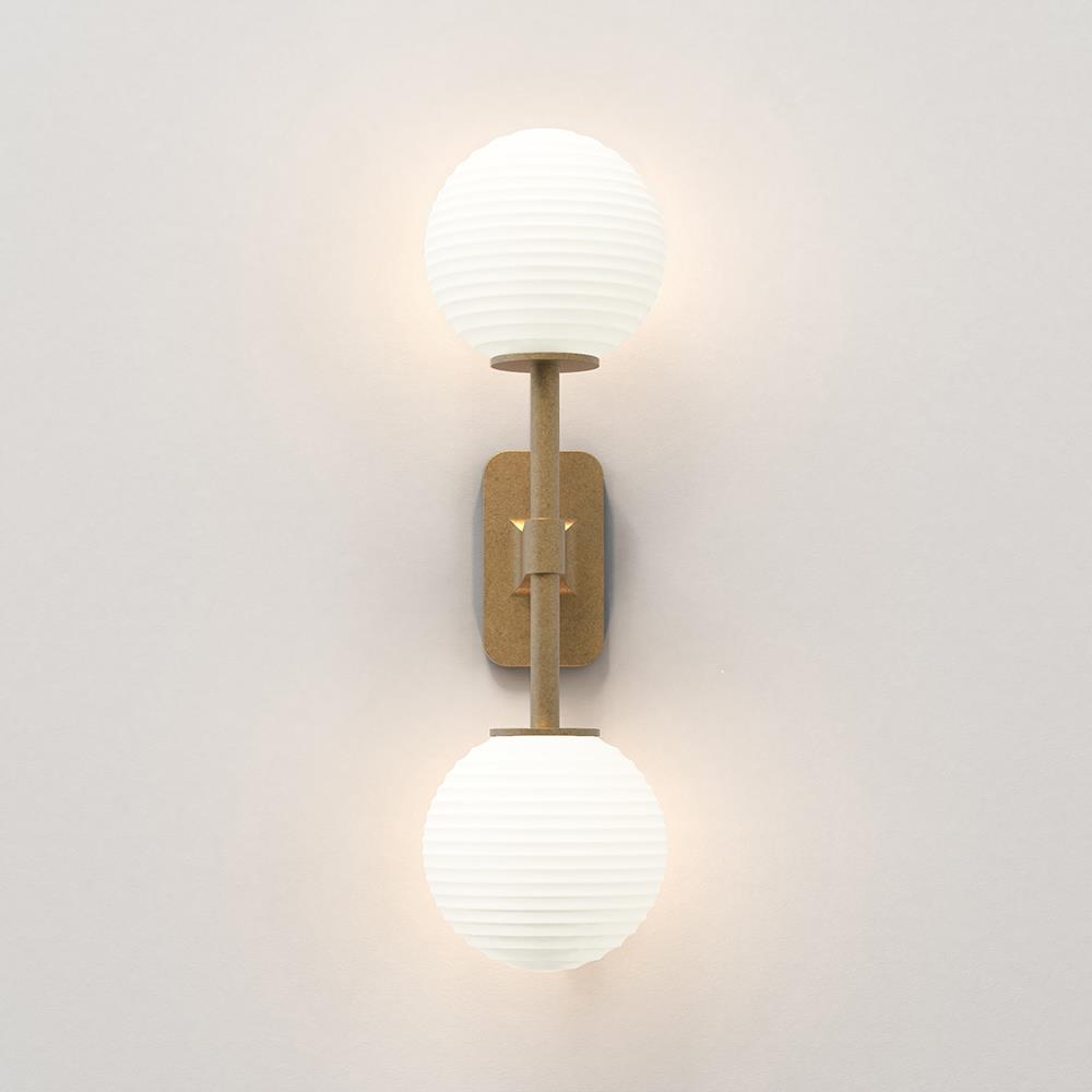 Tacoma Double Wall Light Antique Brass White Ribbed Glass