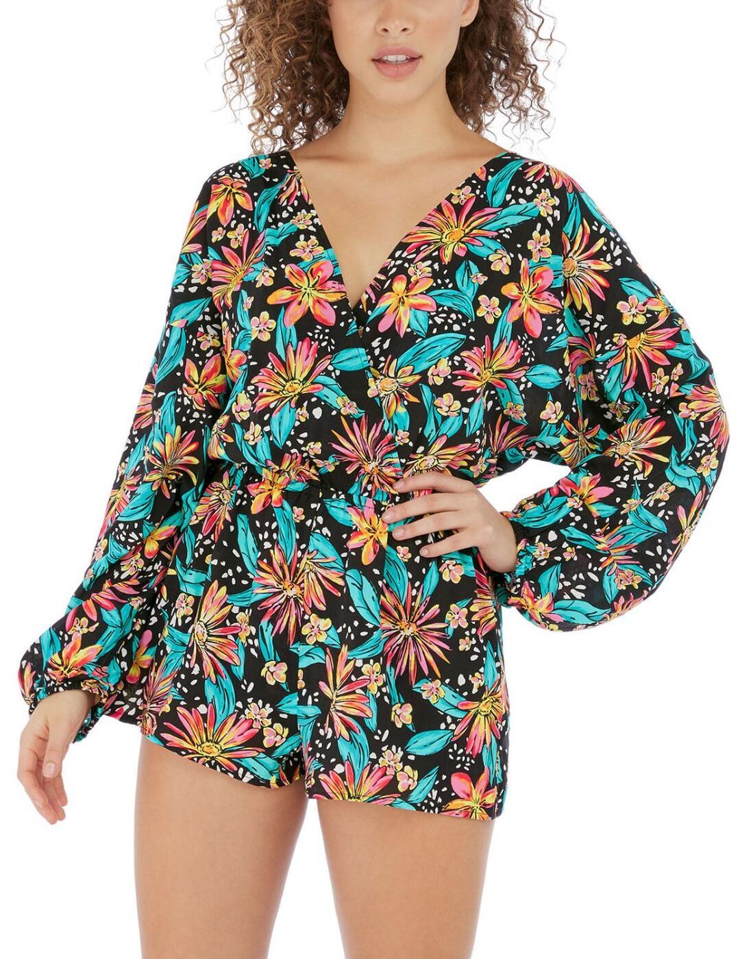 Freya's Wild Daisy collection is perfect for your next adventure. Whether it's relaxing poolside or enjoying a city break, this playsuit is your next perfect fit. Featuring a floaty fit with a soft, elasticated waist for a cinched silhouette to showcase your gorgeous figure. This playsuit boasts a V-neckline and a V-back with a tie-back detailing for a feminine feel. The mini-length and long balloon sleeves ensure you can keep cool whilst still having some additional coverage this season. The gorgeous floral print makes this piece a unique must-have in anyone's carry-on luggage!  Wrap front detailing Elasticated waist Long balloon sleeves Mini length Bold floral design V-neckline Tie detailing on the back for a cute look Country of origin: Indonesia Composition: 100% Viscose Listed in UK sizes  59262-103922-1360928 7034  Cover Up