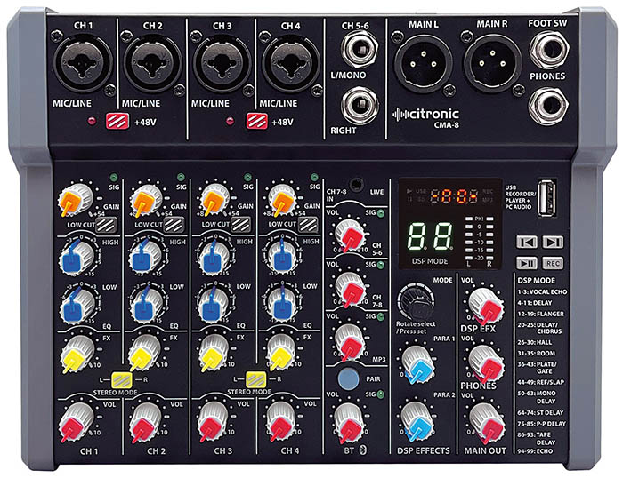 Citronic CMA-8 Compact Mixer with DSP FX and Bluetooth / USB Play & Record