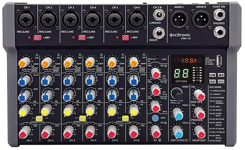 Citronic CMA-series Compact Mixer with DSP, USB Play/Record/PC and Bluetooth (6 Mono + 2 Stereo)