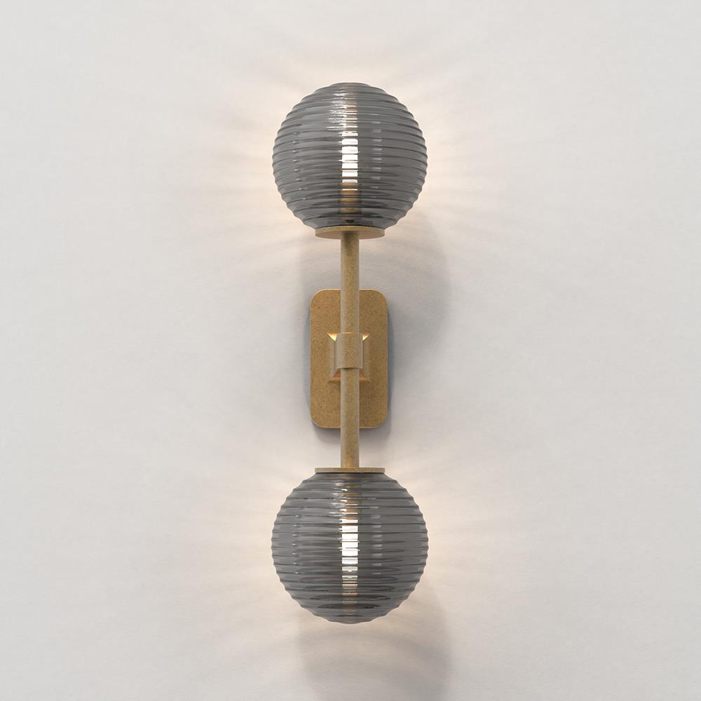 Tacoma Double Wall Light Antique Brass Smoked Ribbed Glass