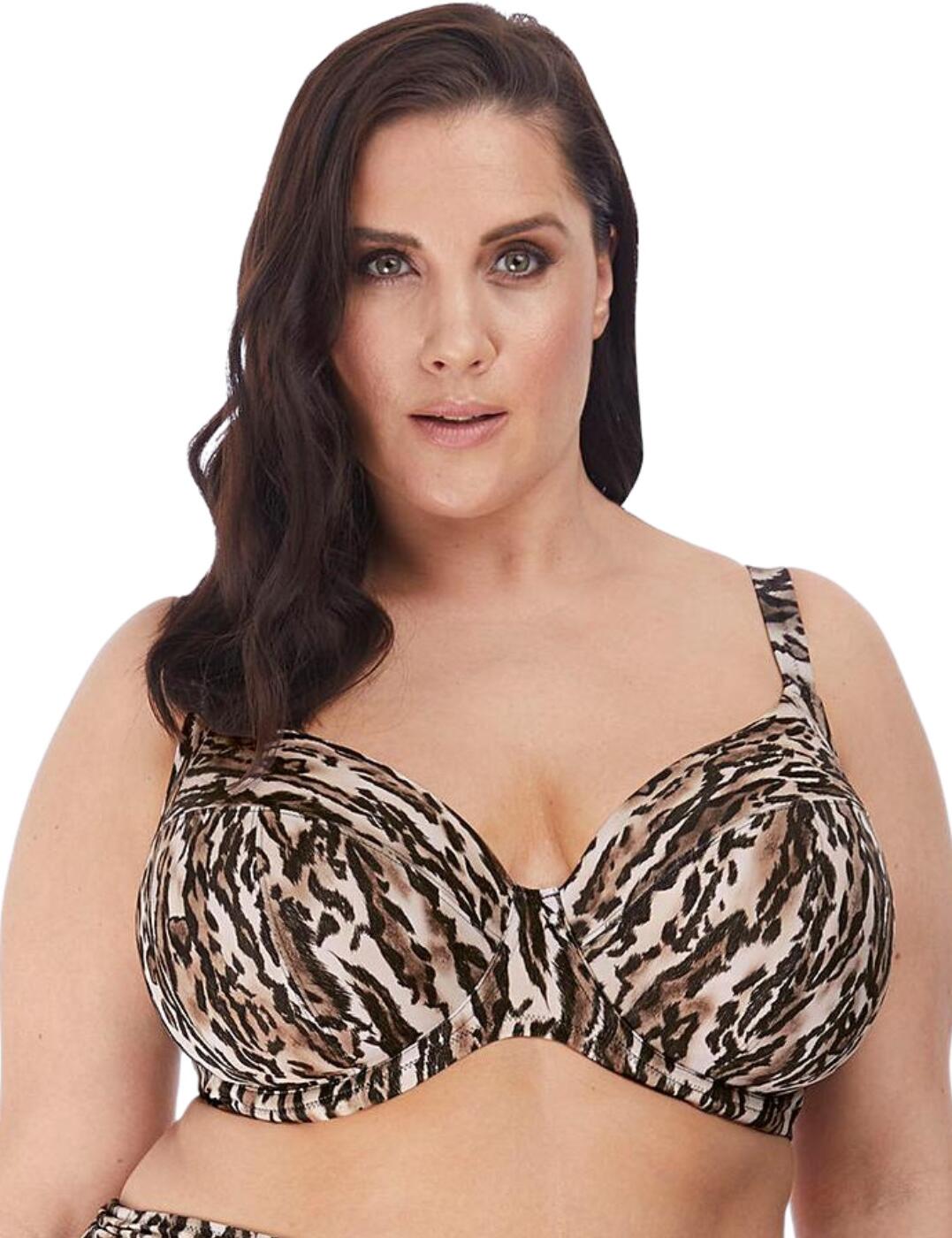 Discover your wild side with Elomi's Fierce full cup bikini top. Featuring a gorgeous animal-inspired design this full cup bikini top is a showstopping piece. With the cups being fully lined and offering underwired support, this bikini will have you feeling your most confident self. The innovative concealed elastic on the inside of the neckline ensures ease of fit and a secure fit. Fastened at the back with a classic clasp closure for a snug fit, perfect for all-day wear. The shoulder straps are adjustable so you can achieve the perfect fit for your curves every time.  Full cup neckline Animal-inspired print Fully lined cups Hidden elastic at the neckline for secure fit Underwired Non-padded Back clasp closure Lightweight fabric Adjustable shoulder straps Country of origin: Indonesia Composition: 84% Polyamide &pipe; 16% Elastane Listed in UK sizes  59271-103936-1361255 7202  Full Cup Bikini Top