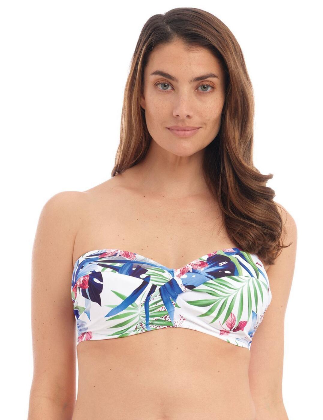 Look your best this summer season with the Santa Catalina collection from Fantasie. This bikini top is made into a versatile piece of swimwear with detachable scarf straps that can transform this halterneck bikini top into a strapless bandeau. The lightly padded cups shape your decolletage beautifully, while the hidden underwire makes sure that your bust is properly supported. The bright colours and tropical print give you a refreshing look and make sure that all eyes are on you. Match with other items from the Santa Catalina range for a fully coordinated look.  Balcony-style neckline Bright colours with tropical print Lightly padded foam cups Twist front detail Underwired Detachable scarf tie straps Traditional swimwear clip fastening Country of origin: Sri Lanka Composition: 85% Polyamide &pipe; 15% Elastane Listed in UK sizes  59272-103937-1359786 500009 Halter Bikini Top