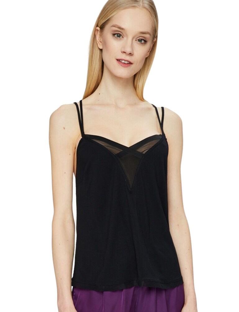 Spruce up your nightwear with this distinctive camisole top from Calvin Klein. The centre front features sheer mesh panels at with a cross-over neckline. This top has been designed in a breathable and light material for great comfort, whilst still having stunning design with the four criss-cross back straps on a low back.  Breathable and light Sheer mesh panel inserts Criss-cross strap style Calvin Klein branding Composition: 94% Modal &pipe; 6% Elastane Listed in UK sizes  48120-87554 000QS5785E Camisole Top