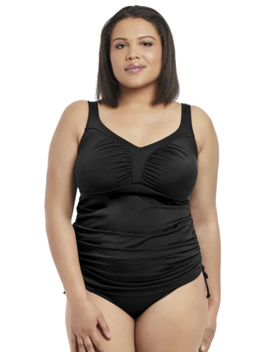 The Essentials collection from Elomi is all you need for your swimwear outfit this season. This tankini top is made in a classic cut with a flattering v-style neckline and a modest scoop back. The seamless cups have foam lining for a rounded shape and are non-wired for a comfortable fit, while the ruched material under the bust brings subtle attention to your curves. This piece features gathered strings on the sides, which allow you to adjust the tankini to your desirable length, adding a fashionable flair at the same time. The non-adjustable shoulder straps are wide for the most comfortable experience.  V-style neckline Gathered material under the cups and on the sides Classic design Lined seamless foam cups Non-wired Pull-on design Wide non-adjustable shoulder straps Listing is for top only (brief not included) Country of origin: Tunisia Composition: 81% Polyamide &pipe; 19% Elastane Listed in UK sizes  59281-103947 ES7502 Non-Padded Tankini Top