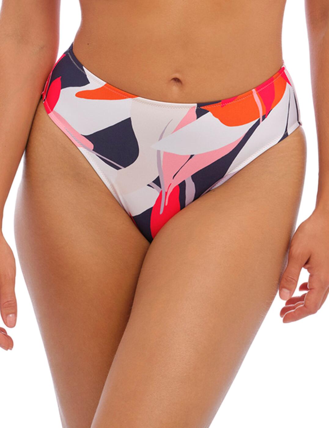 Be your most confident self with these mid-rise bikini briefs from Fantasie's Almeria range this season. Keep your holiday wardrobe bright with the bold abstract leaf print which was created using the eco-friendly Reco Nylon , designed to be comfortable and sustainable. With medium rear coverage, a fully lined design and a mid-rise waist these stylish bikini briefs do not compromise on comfort. Couple with matching items from the Almeria collection to spice up your next vacation.