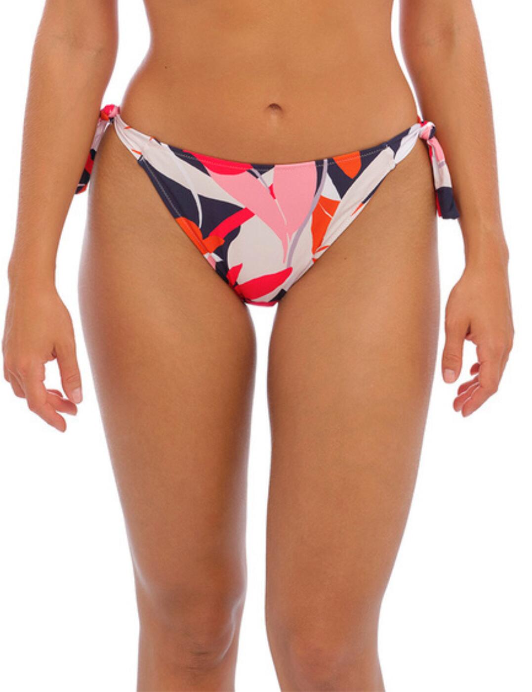 Be bright this season with these bikini briefs from Fantasie's Almeria collection. Sure to add a vivid splash of colour to your wardrobe this holiday, this piece boasts contrasting toned palm leaves to create a playful bold design. The sides can be tied into an adjustable feminine bow so you can ensure these bikini briefs sit gorgeously on your hips. The mid-rise shape, moderate rear coverage and fully lined design mean you can enjoy your getaway in comfort and style. Not only would you be looking great, but these are eco-conscious too, crafted using Reco Nylon which includes recycled content. Match with other available items in the Almeria collection.