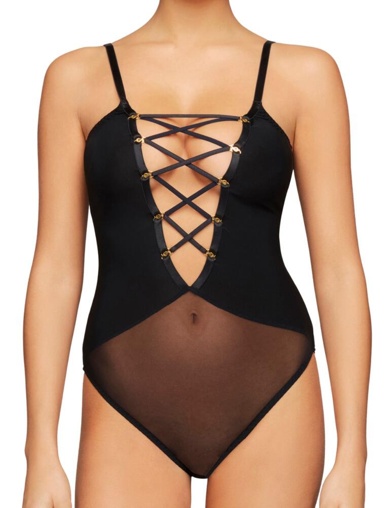 Simple yet elegant is the design of this bodysuit from the medusa range at Coco De Mer. Bondage inspired strapping features at the front of this piece for a deep plunging neckline and a peek of the cleavage beneath, finished with standout hardware. Body sculpting sheer mesh with a high leg cut design at the bottom half makes for a stunning silhouette and elongation of the legs. A cotton gusset allows for breathability and added comfort when wearing.  Simple yet elegant design Bondage style lace upfront Deep plunging neckline Body sculpting sheer mesh High leg cut Cotton gusset Adjustable straps Pull-on design Full rear coverage Composition: 90% Nylon &pipe; 10% Elastane Listed in UK sizes  48461-88024-1172776 MED-022-01 Body
