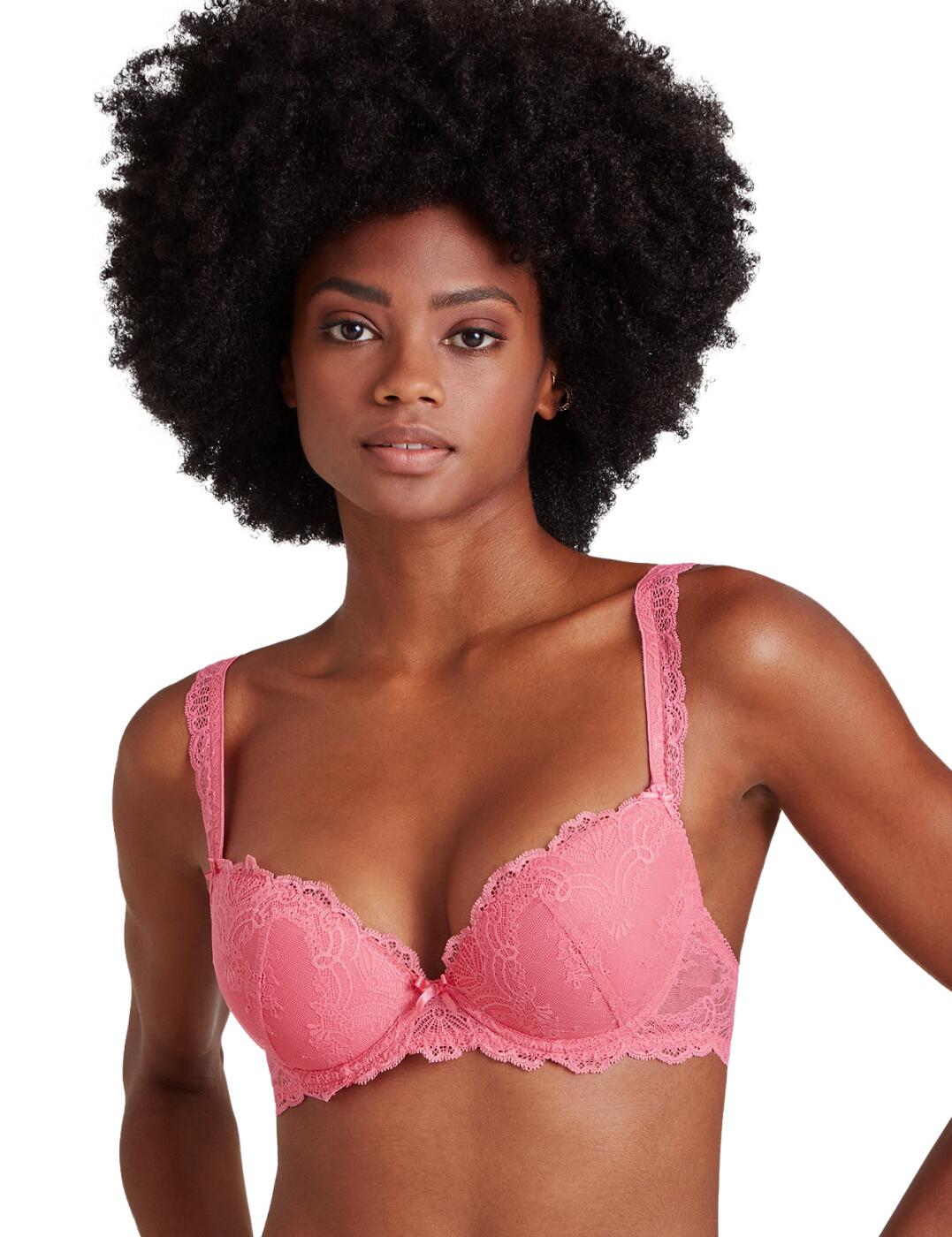 Feel incredibly feminine in this moulded plunge bra from the Danse Des Sens range by Aubade. This bra will leave you feeling amazing with a sexy plunging neckline, a push-up effect, moulded cups all in which creates a super flattering fit. The bra ensures a comfortable and supportive feel with underwire, adjustable straps and a hook and eye closure. It is covered in a delicate lace that scallops around the edges and runs along the straps and is made compete with a flirty bow in the centre.  Moulded plunge bra Push-up feature Supportive fit from underwire Hook and eye closure and adjustable straps Covered in a delicate lace that scallops around the edges and straps Flirty bow in the centre Country of origin: Madagascar Composition: Lace Front Back: 89% Polyamide &pipe; 11% Elastane Composition 2: Cup Lining: 100% Polyester Composition 3: Lining Side Back: 100% Polyester Composition 4: Middle Lining: 100% Polyester Listed in UK sizes  56234-99858-1296232 OG08-N6 Plunge Bra