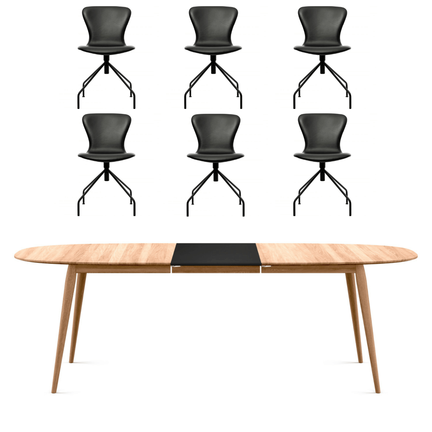 Bruunmunch Dining Bundle Playdinner Lame Table In Natural Oiled Oak 1 X Extension Leaf In Mdf Black Clear Lacquer 6 X Playchair Swing In Black Lea