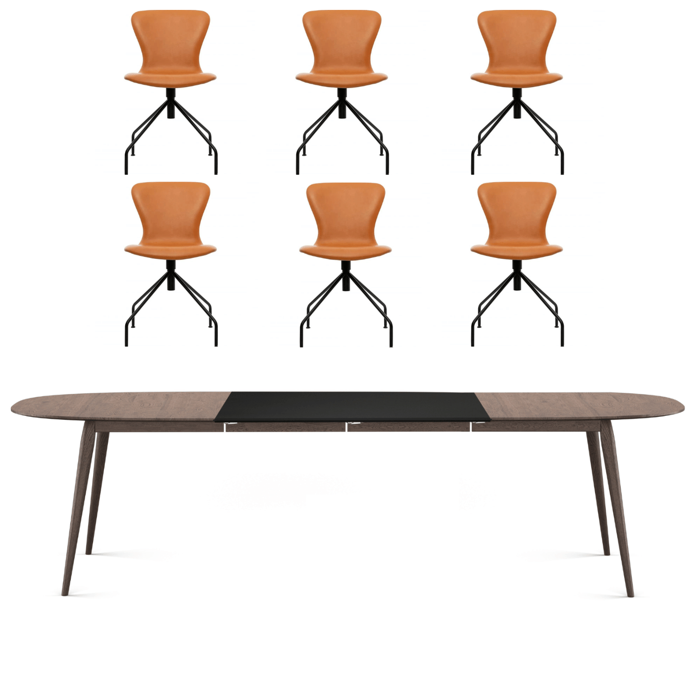 Bruunmunch Dining Bundle Playdinner Lame Table In Smoked Oak 2 X Extension Leaf In Mdf Black Clear Lacquer 6 X Playchair Swing In Cognac Leather D
