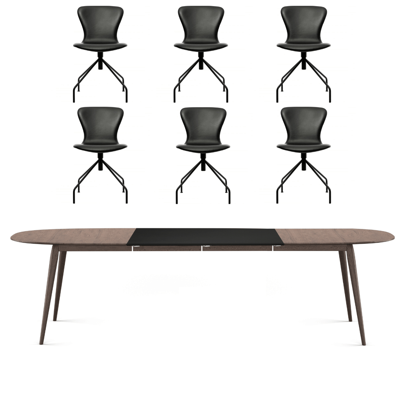 Bruunmunch Dining Bundle Playdinner Lame Table In Smoked Oak 2 X Extension Leaf In Mdf Black Clear Lacquer 6 X Playchair Swing In Black Leather De