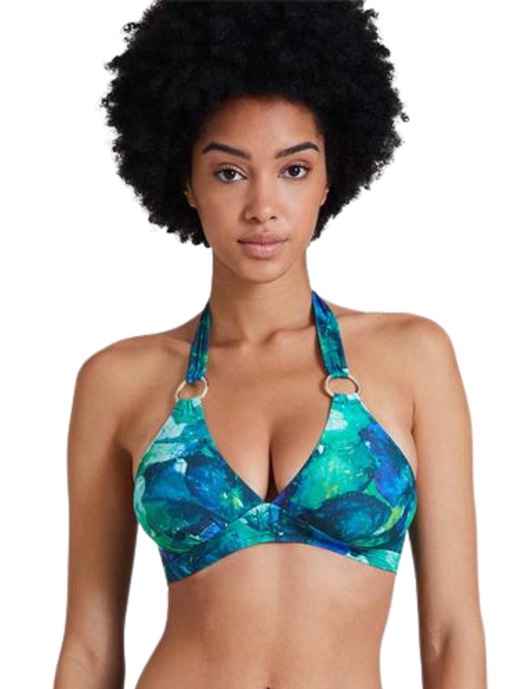 Summer isn't summer without bright and fun swimwear with a luxury feel and that is what this soft bra brings from the Deep Green Sea range by Aubade. This bikini top has triangle shaped cups with moulded inserts which are removable allowing you to choose the support you prefer. It is covered in all-around colourful print which is complimented by gold circle charms on each strap. The bra allows for an individual fit with adjustable halter neck straps and a clasp closure at the rear.  Soft bra Triangle-shaped cups Moulded cups which are removable All over colourful print Gold circles at each strap Adjustable halter neck straps Clasp closure at the rear Country of origin: Vietnam Composition: Lining: 90% Polyester &pipe; 10% Elastane Composition 2: Knit: 73% Polyamide &pipe; 27% Elastane  Listed in UK sizes  56279-99934-1296510 IY10-O Plunge Bikini Top