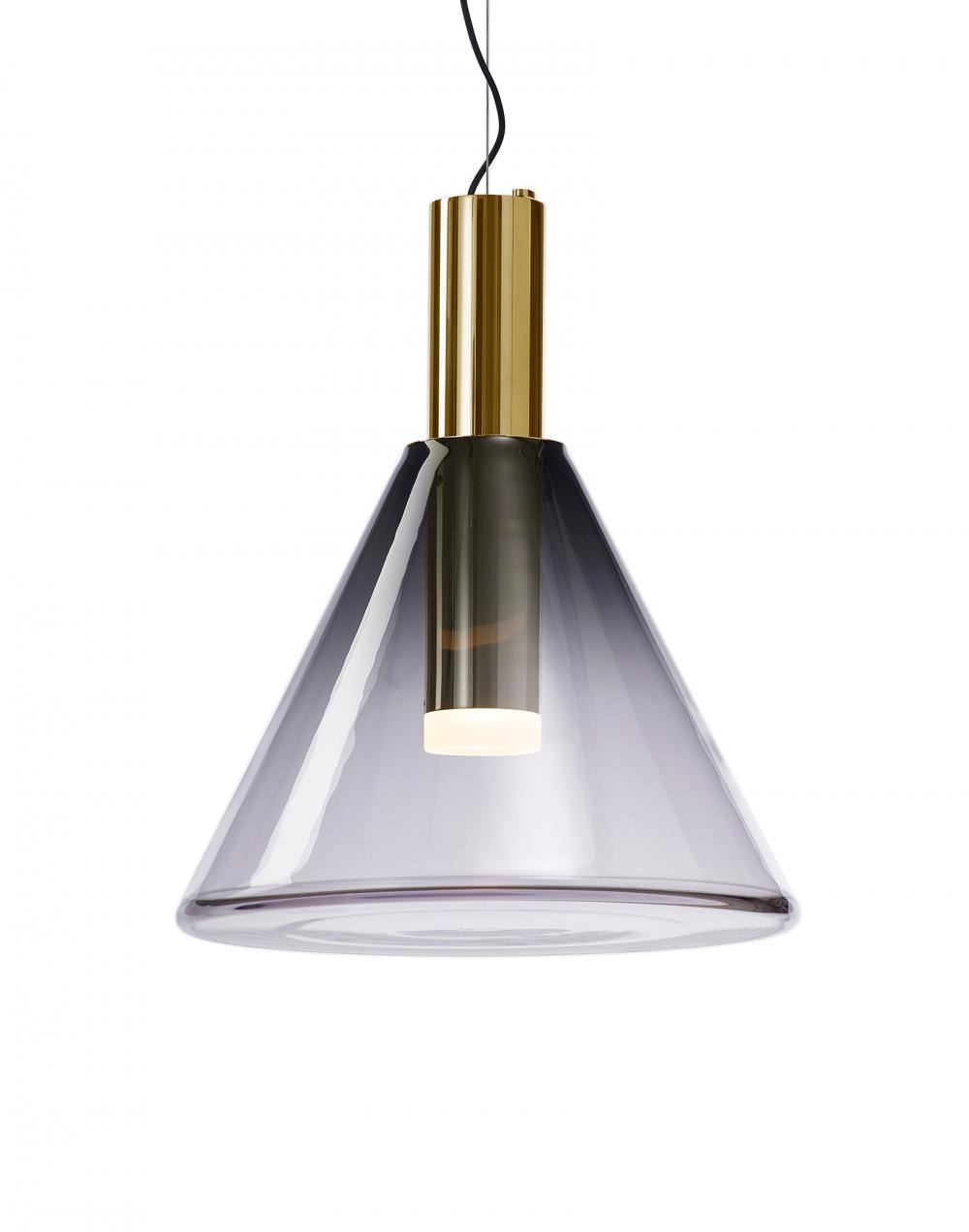 Phenomena Pendant Light Cone Smoke Grey Glass With Gold Fittings