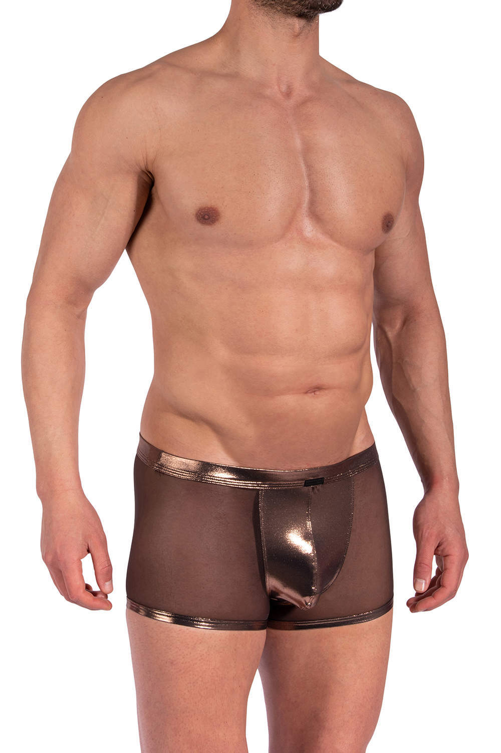 Shop sexy Manstore M2367 String Pants men’s underwear boxer briefs in see through mesh and shiny metallic bronze - shiny male trunk and thong combo