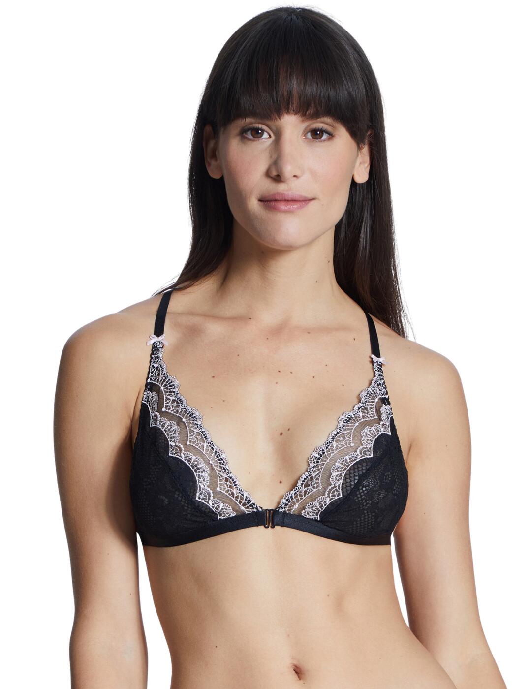 The Soleil Nocturne collection indulges you in premium lace and embroidered tulle fabrics blended with iconic Aubade designs. This triangle bra has see-through lace and embroidered tulle cups and back triangle detail creating an ultra-sexy design. The front fastening detail with racerback design offers a modern sultry shape. Adjustable straps create a unique fit whilst the non-wired design offers comfort. Complete your look with matching items available from the Soleil Nocturne range from Aubade.  Feminine transparent lace and embroidered tulle Classic Triangle shape Front fastening design Deep plunging neckline Non-wired for comfort Adjustable straps for an individual fit Composition: Front embroidery: 77% Polyester &pipe; 23% Polyamide Composition: Embroidery back: 100% Polyester Composition: Lace front back: 88% Polyamide &pipe; 12% Elastane Composition: Lining: 100% Polyester  Listed in UK sizes  48701-88395-1180435 ND10-6 Bralette