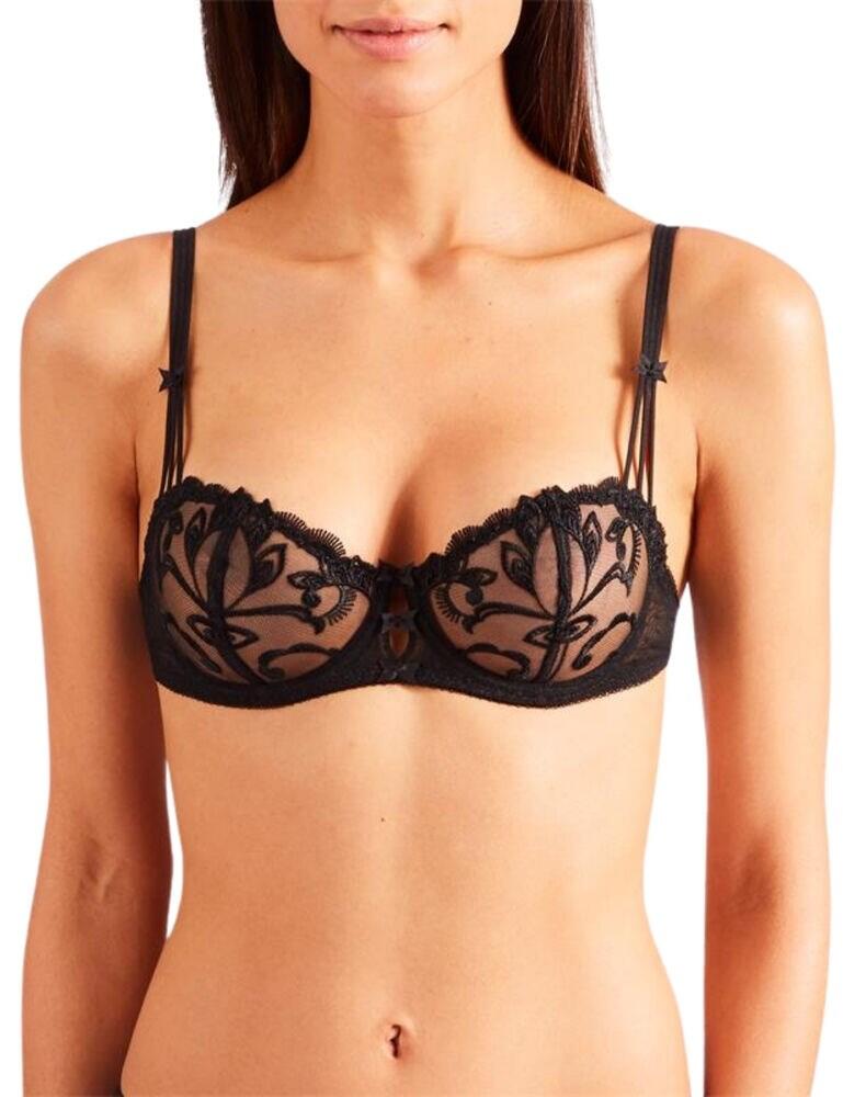 The Au Bal De Flore collection blends together pretty floral motifs with Aubades iconic sophisticated style. The feminine floral embroidered tulle frames and highlights on this statement half cup bra whilst the vertical seaming shapes and uplifts the bust. Central cut out detailing, ribbon bows and symmetrical art deco inspired design adds to the romantic style of this bra. The elegant spaghetti straps join too adjustable straps for an individual fit for the utmost comfort. Complete your look with matching items available from the Au Bal De Flore range by Aubade.  Feminine floral lace Fine dotted tulle Cut-out design for sexy style Soft-touch elastic lace Half-cup design Underwired Push-up shaping Adjustable straps for a unique fit Composition: 78% Polyamide &pipe; 22% Elastane Listed in UK sizes  48704-88400-1171841 OF14 Half Cup Bra