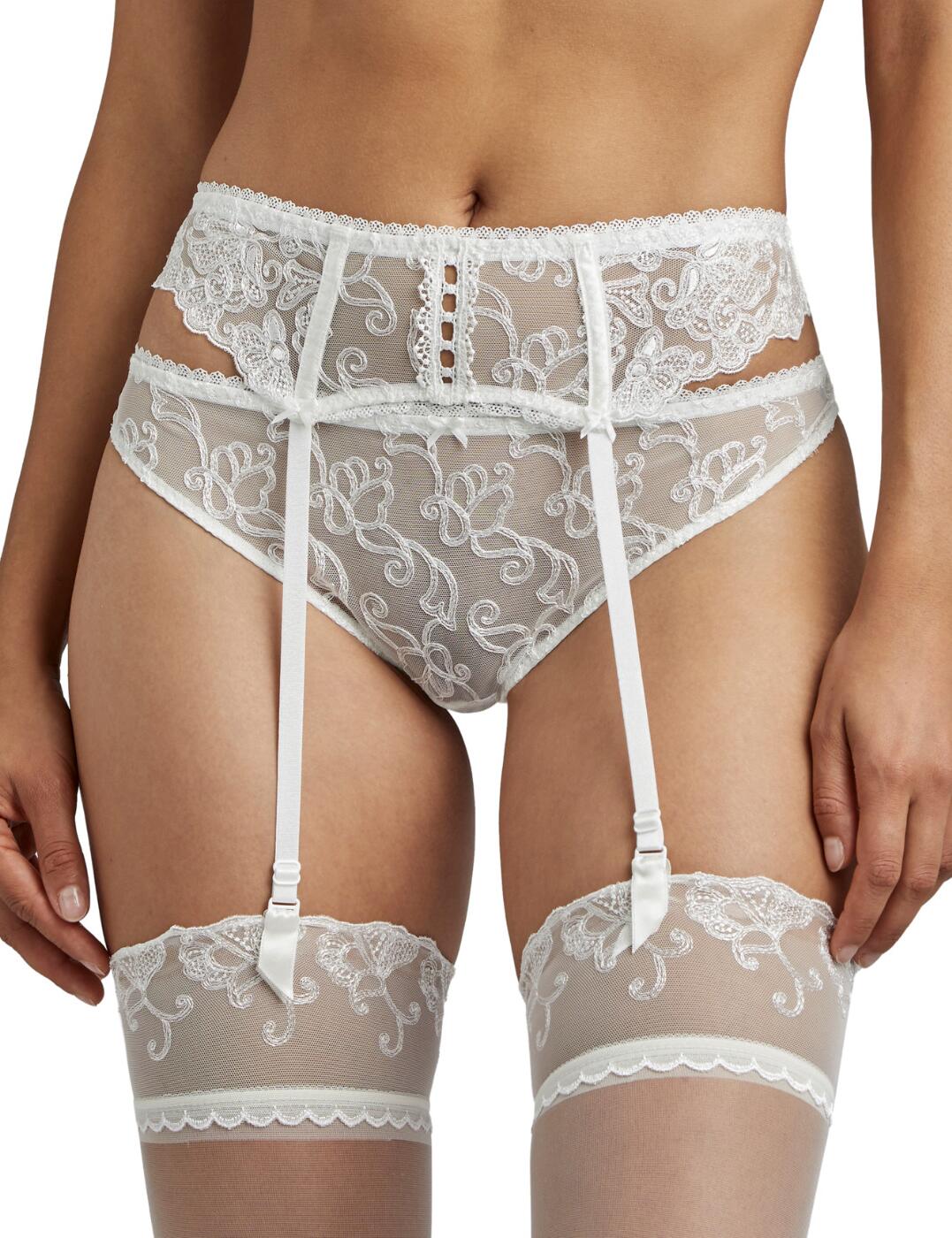 The Pour Toujours collection combines classic bridal style with Aubades iconic seductive designs. This suspender belt is the ultimate sexy extra you need for your big day! The openwork guipure lace is inspired by classic bridal design buttons blended with romantic Cornely embroidery for a luxurious and feminine feel. The classic shape has arched panelling which enhances your curves. Adjustable straps and the elegant picot edging is elasticated for comfort. Matching items are available from the Pour Toujours collection from Aubade to complete your look.  Cornely embroidery design Luxury guipure lace Classic suspender belt design Adjustable straps for comfort Elastic picot waistband Hook and eye fastening Composition: 42% Polyester &pipe; 41% Polyamide &pipe; 17% Elastane Listed in UK sizes   48730-88440-1172193 TC50 Suspender Belt