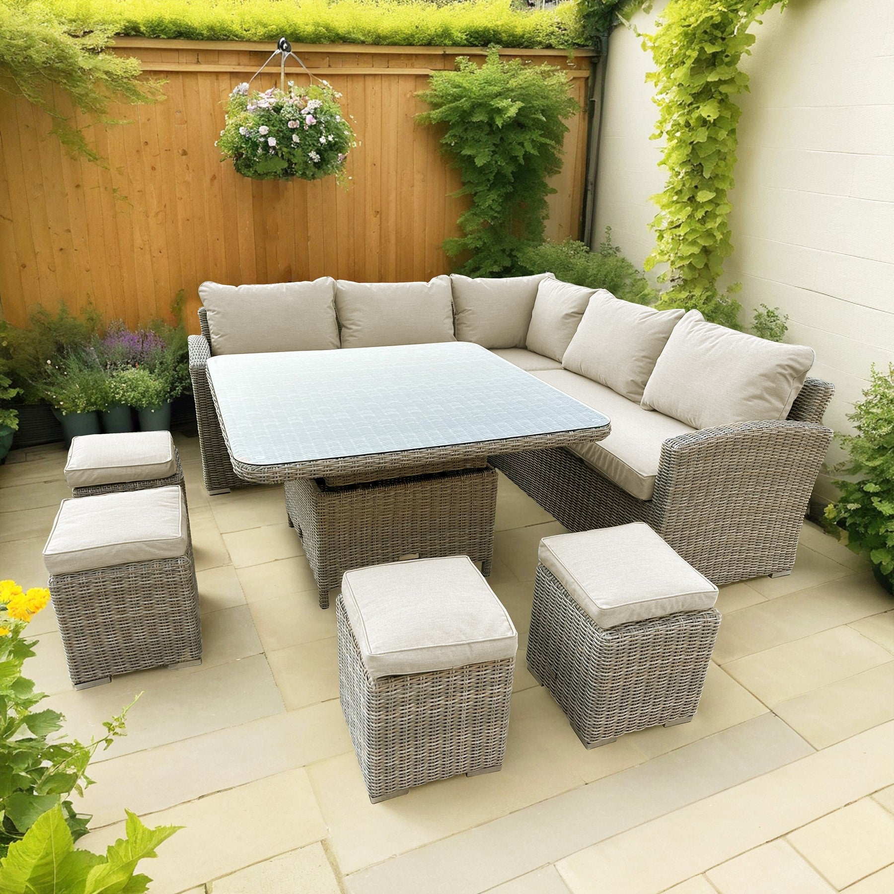 Bracken Outdoors Richmond Square Rattan Corner Sofa Garden Furniture Set with Height Adjustable Table, Early June 2025