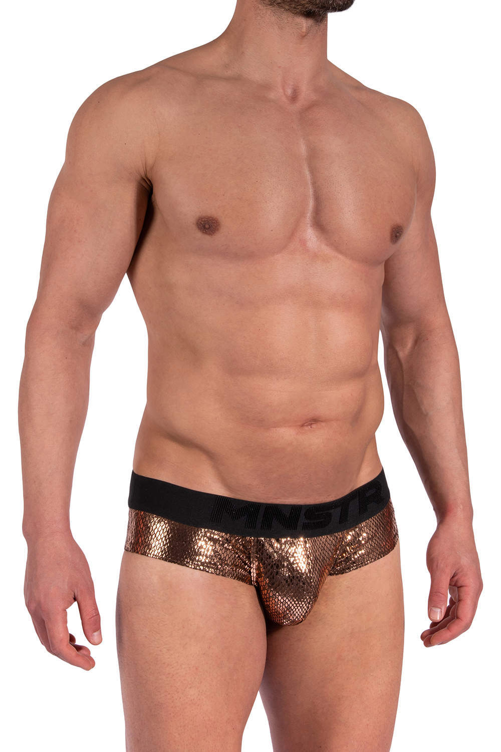 Shiny Manstore M2368 Cheeky Brief men’s underwear - enhancing cup pouch. Shop our store for sexy male hipsters in silky copper snakeskin. More online